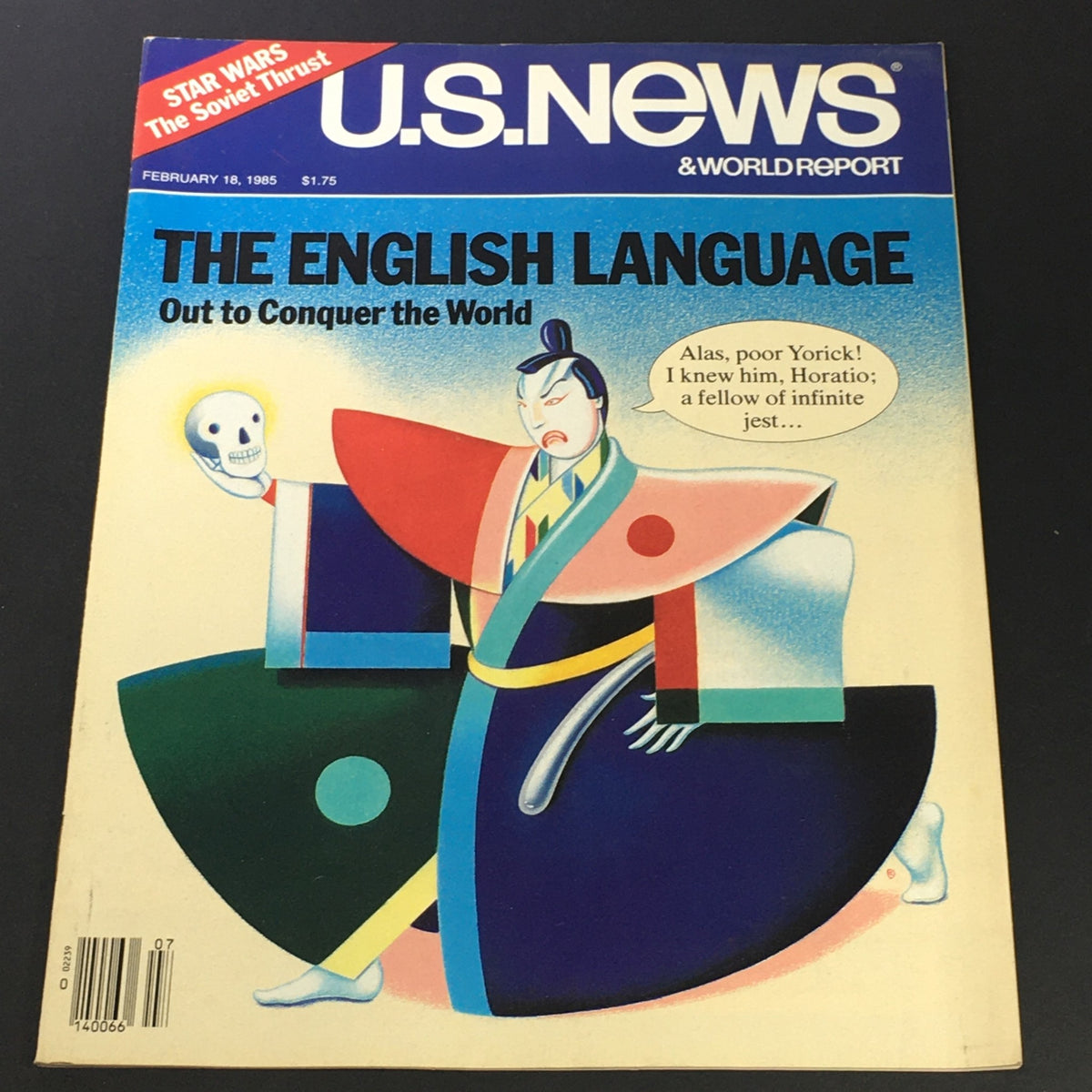 Cover of the VTG US News & World Report from February 18, 1985, featuring the title 'The English Language: Out to Conquer the World,' showcasing a colorful illustration with a character holding a skull. This vintage magazine is a collectible highlighting the impact of the English language in the 1980s.