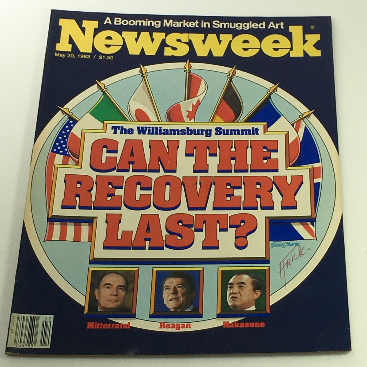 VTG Newsweek Magazine May 30 1983 featuring a cover story on the Williamsburg Summit with prominent leaders including François Mitterrand, Ronald Reagan, and Nakasone; explores the question 'Can the Recovery Last?' and showcases international flags.