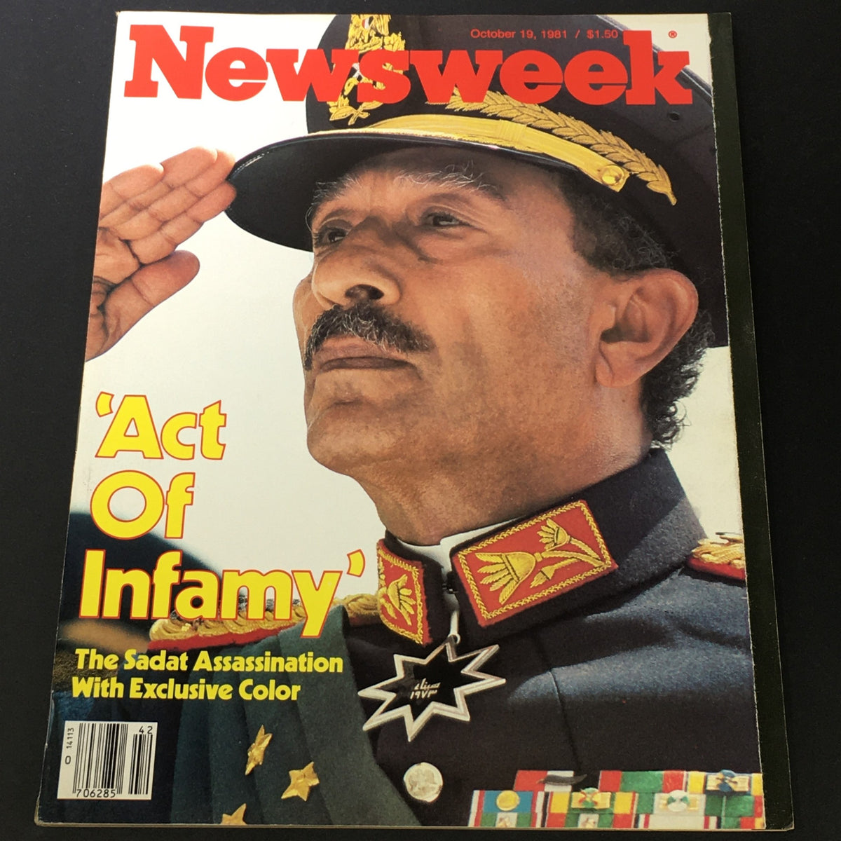 Cover of VTG Newsweek Magazine October 19 1981 featuring a portrait of Anwar Sadat, showcasing the headline 'Act of Infamy' related to The Sadat Assassination with exclusive color imagery.