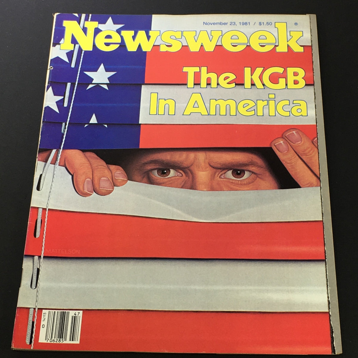 Cover of the VTG Newsweek Magazine dated November 23, 1981, featuring the title 'The KGB In America', showcasing a prominent illustration of a person peering from behind an American flag.
