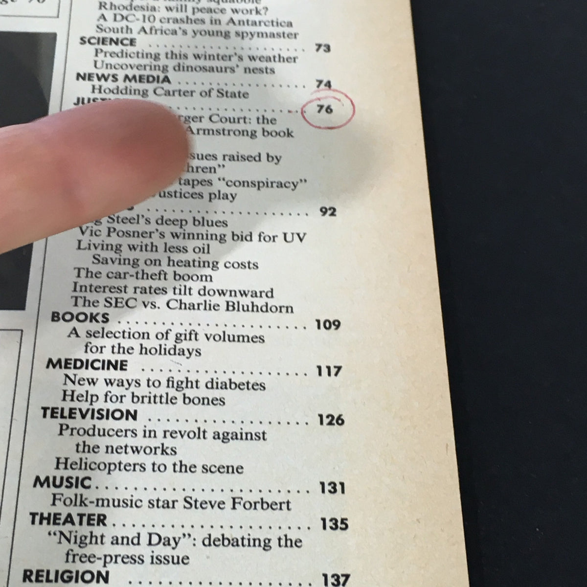 Table of contents page from VTG Newsweek Magazine December 10 1979 highlighting the article on 'The Burger Court: the Woodward and Armstrong book' listed as page 76.