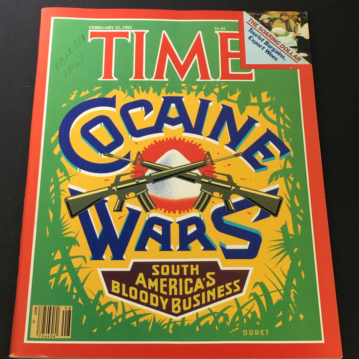 Cover of VTG Time Magazine February 25, 1985, featuring the title 'Cocaine Wars: South America's Bloody Business' with bold graphics and illustration of rifles.