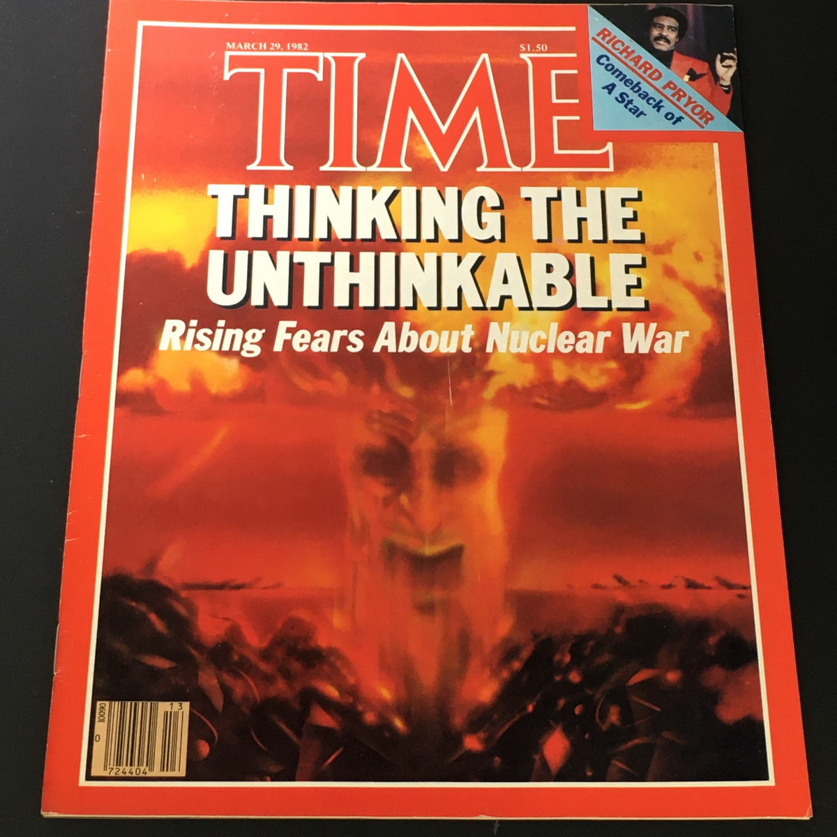 Vintage Time Magazine cover from March 29, 1982, featuring Richard Pryor with the title 'Thinking The Unthinkable' and a focus on rising fears about nuclear war. The cover showcases striking artwork that highlights the era's cultural discourse.