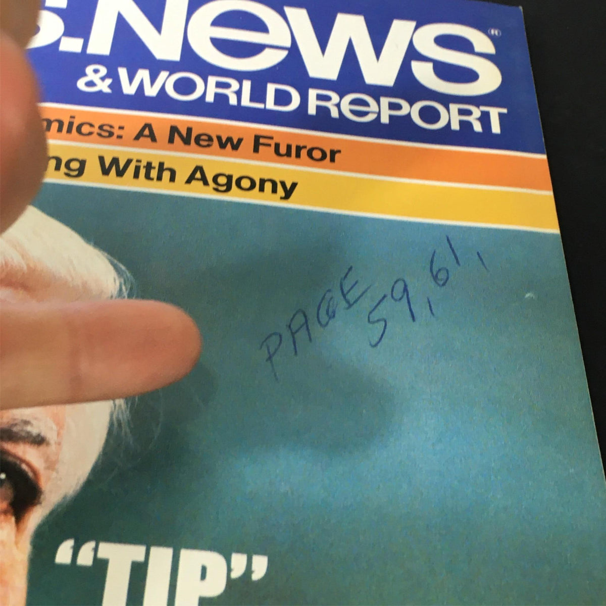 Detailed view of the cover of VTG US News & World Report November 26, 1984 with handwritten note 'PAGE 59, 61', highlighting Thomas P. O'Neill Jr. and key political topics of the era.
