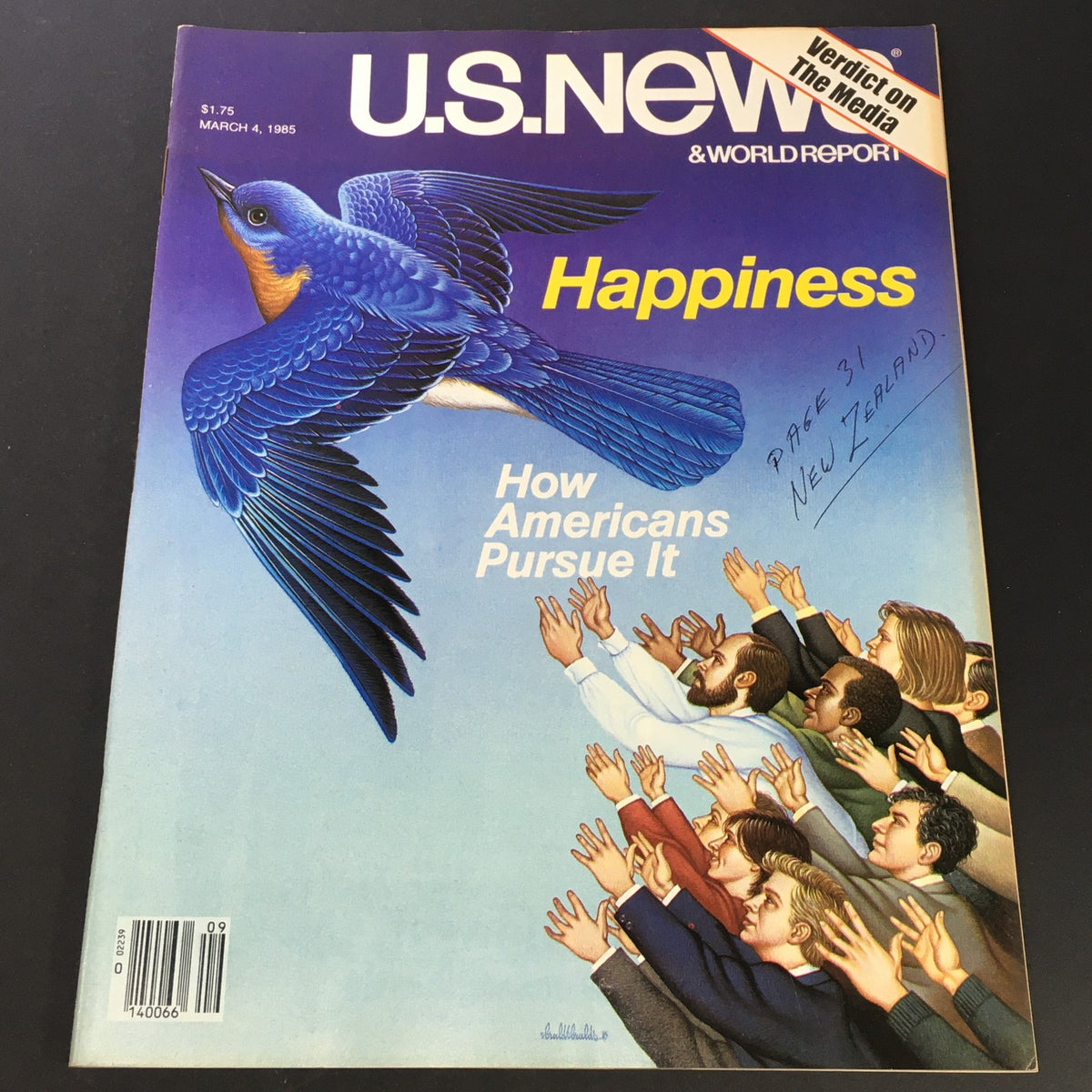 Cover of VTG US News & World Report March 4 1985, featuring a bluebird and the title 'Happiness: How Americans Pursue It'.