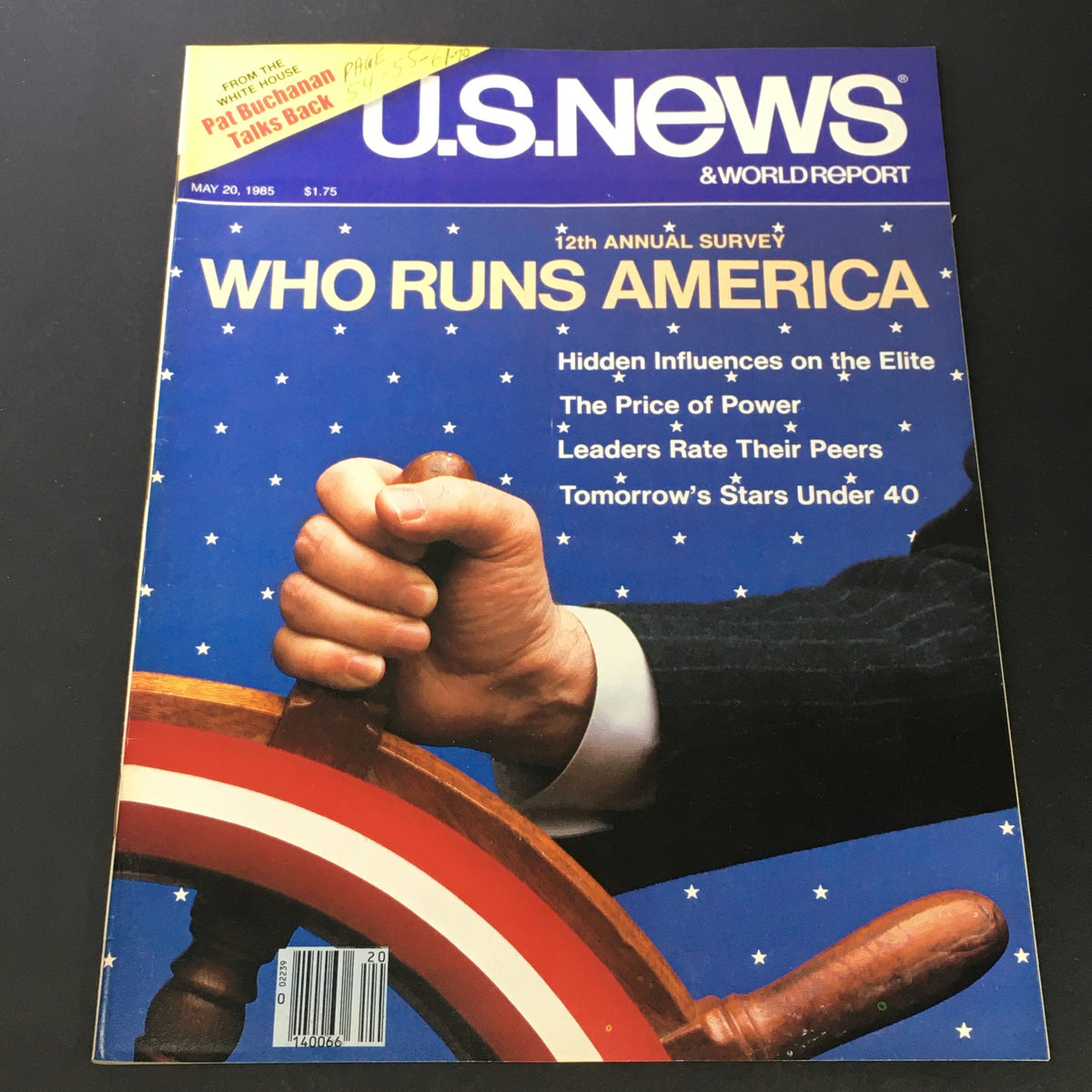 Cover of VTG US News & World Report May 20, 1985 featuring the title 'Who Runs America' with imagery of a hand on a ship's wheel, highlighting themes of hidden influences on the elite.