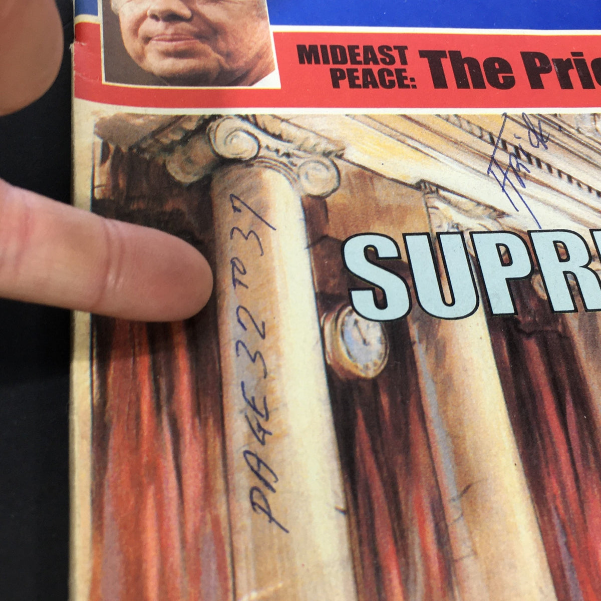 Close-up of the March 26, 1979 issue of US News & World Report titled 'The Price Jimmy Carter Paid,' showing detailed cover art including a pointed finger indicating page numbers and handwritten notes.