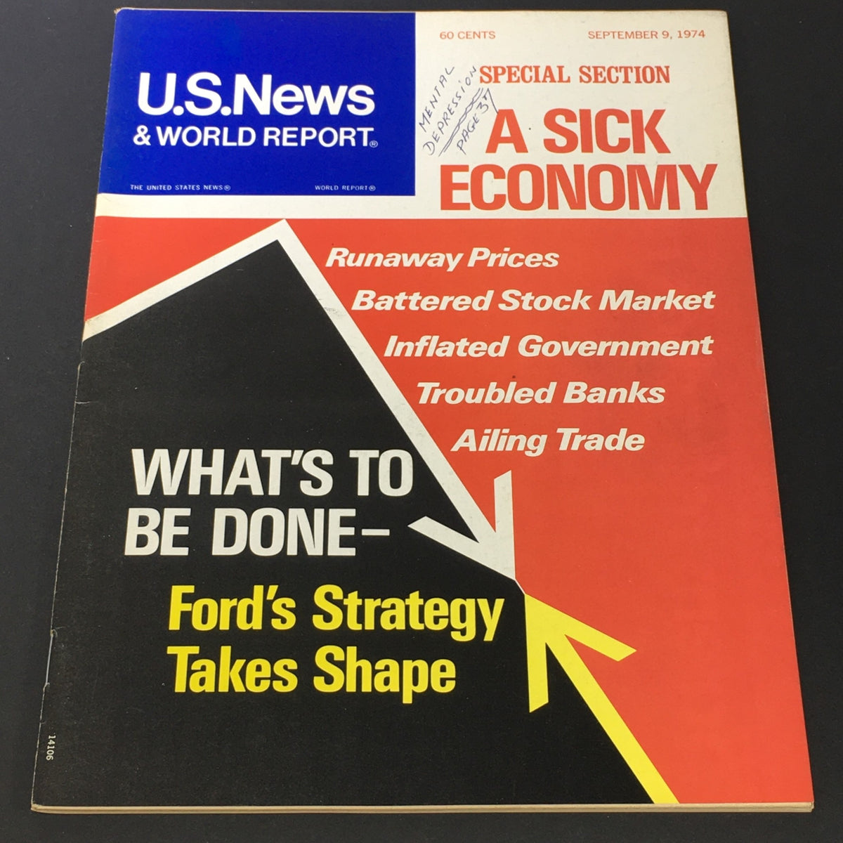 Cover of the vintage US News & World Report from September 9, 1974 featuring the headline 'Ford's Strategy Takes Shape' along with topics such as 'A Sick Economy.' This magazine explores Gerald Ford's presidency.