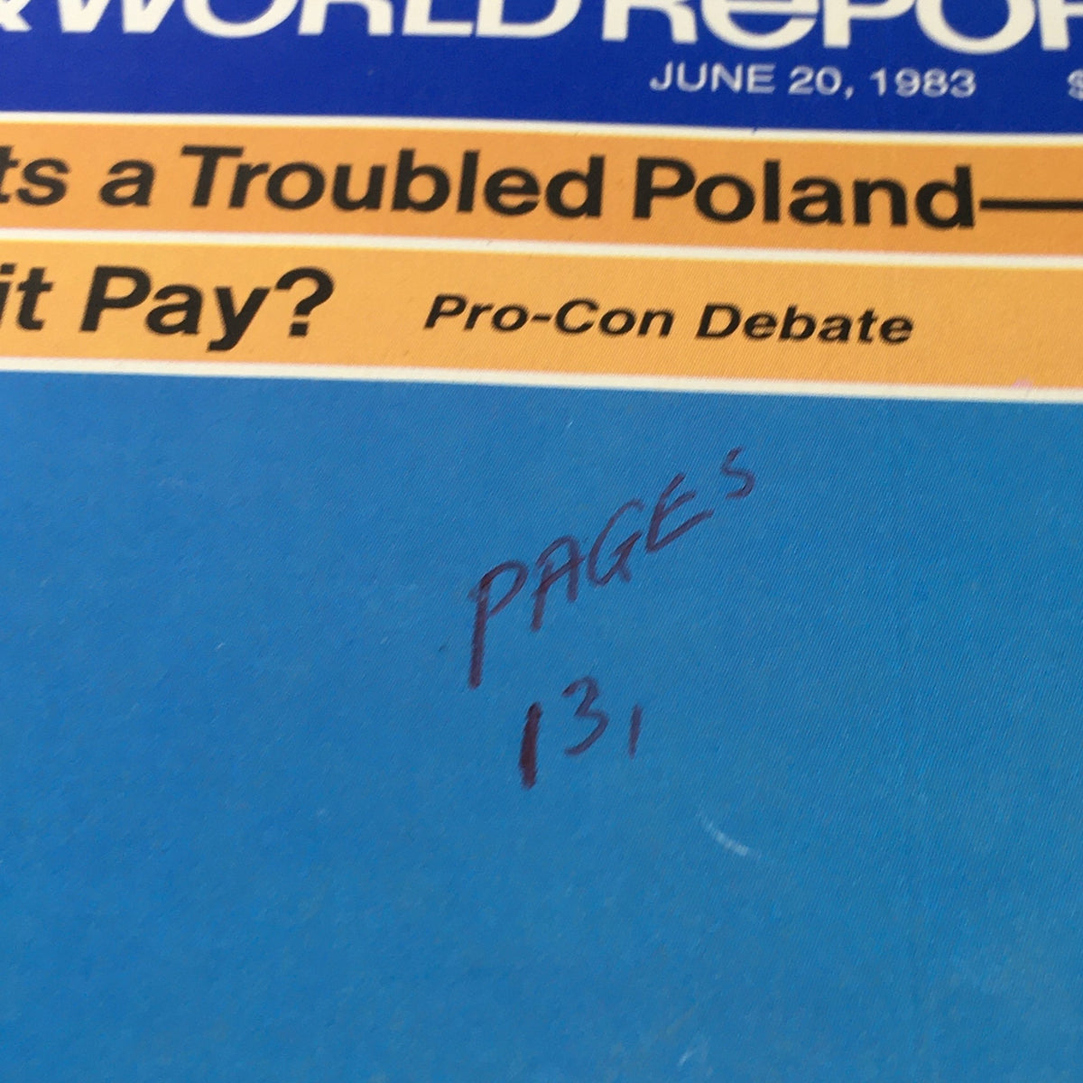Close-up of the US News & World Report cover from June 20, 1983, showing handwritten note 'PAGES 131' next to the title 'VTG US News & World Report June 20 1983 - Pope John Paul II Visits Poland'.