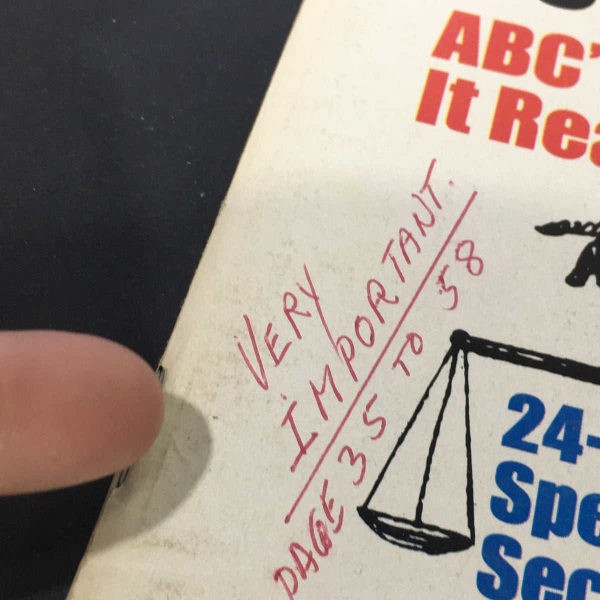 Close-up of the VTG US News & World Report November 11 1982 cover showing handwritten note emphasizing 'VERY IMPORTANT' and referencing pages 35 to 58.