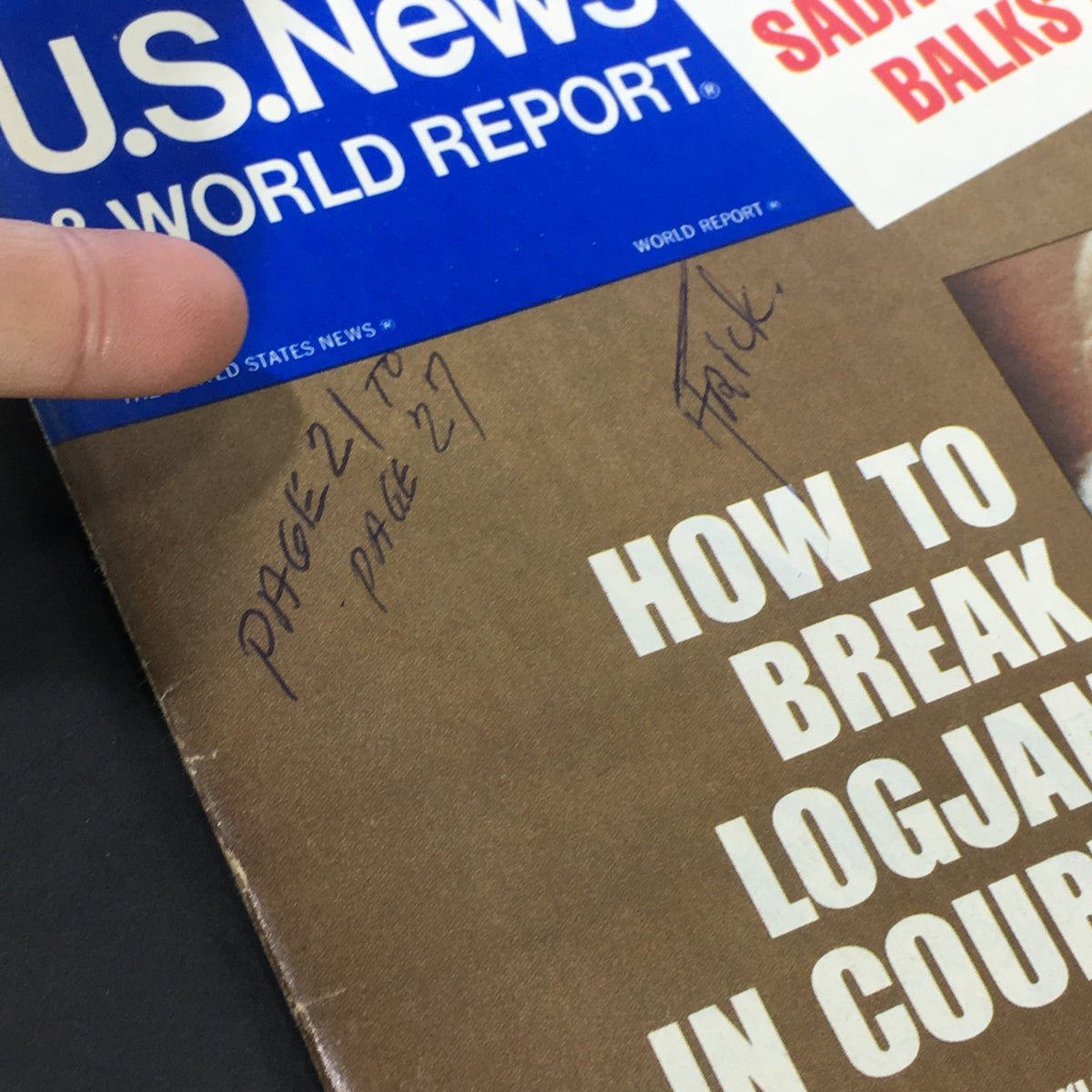 Cover of VTG US News & World Report from December 19, 1977, featuring handwritten notes indicating pages 21 to 27, and an article titled 'How to Break Logjam in Court.'
