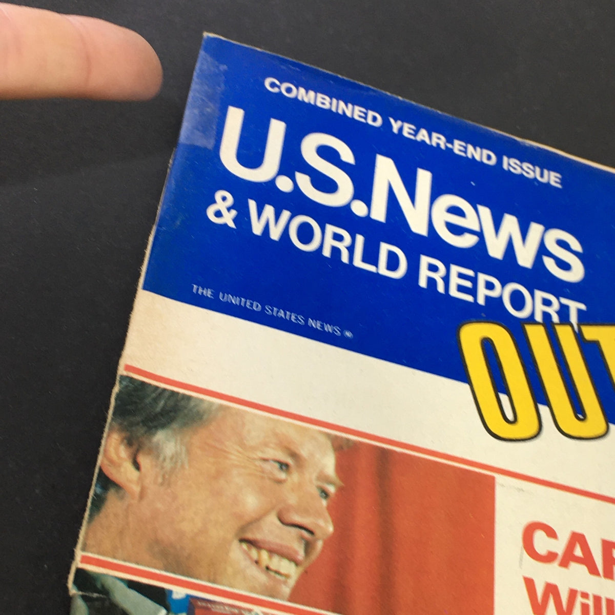 Close-up of the vintage U.S. News & World Report January 2, 1978 highlighting the blue top section with the title and featuring President Jimmy Carter's image, emphasizing its historical significance.