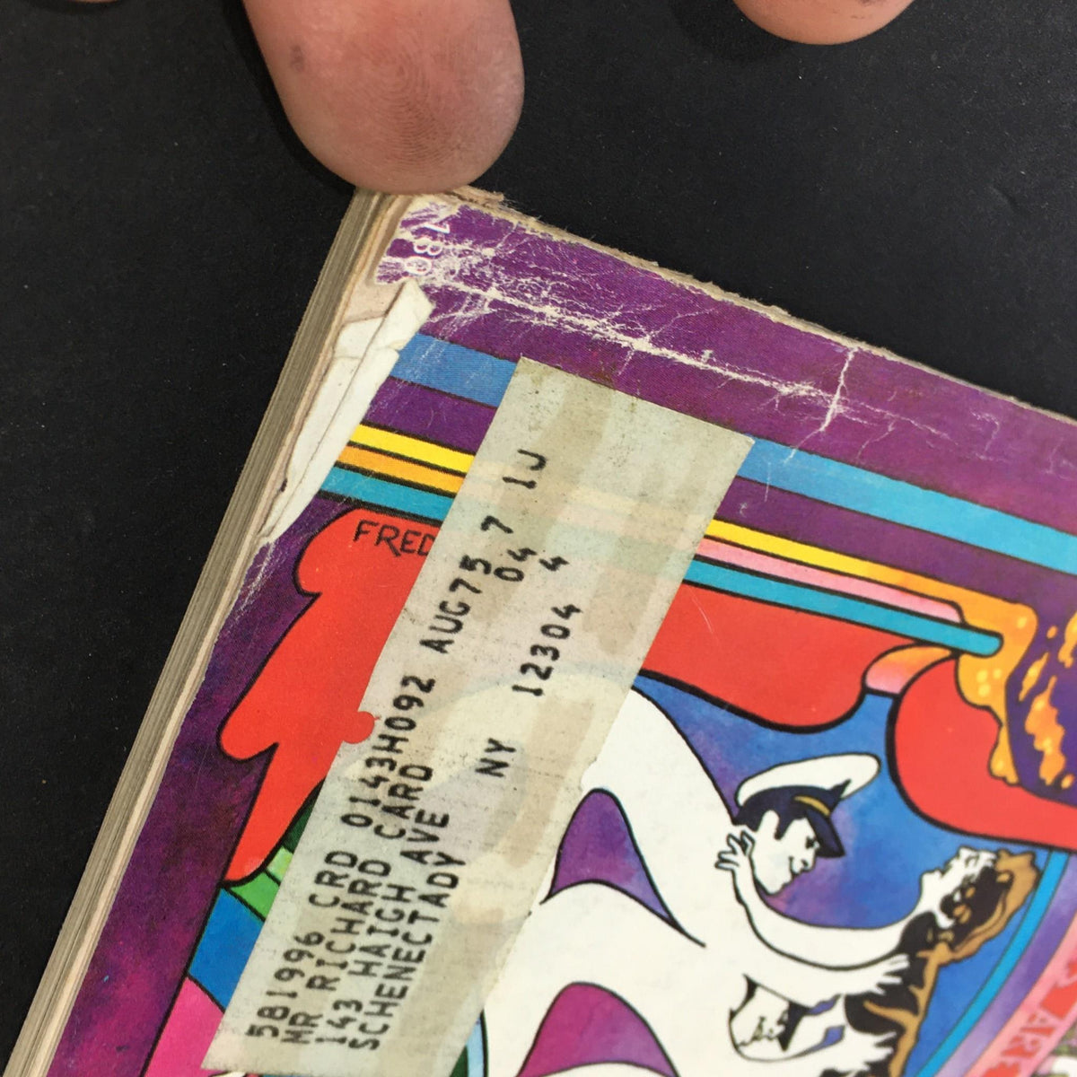 Close-up of the top corner of the April 1973 issue of VTG Stereo Review Music Magazine, showing the cover design and an address label, highlighting its vintage condition and collectible nature.