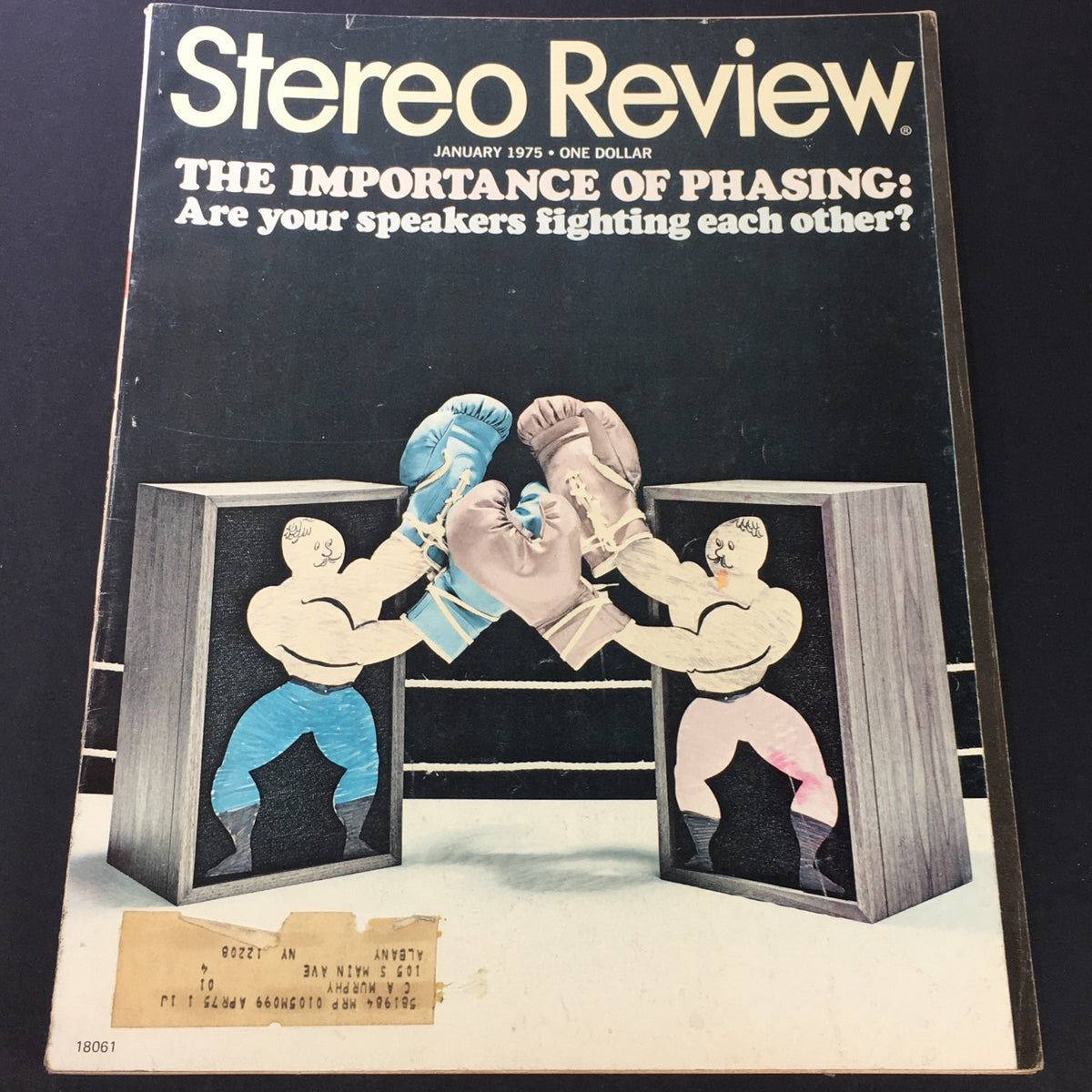 Cover of VTG Stereo Review Music Magazine January 1975 featuring the headline 'The Importance of Phasing' with a humorous illustration of two boxing speakers wearing gloves in a ring.