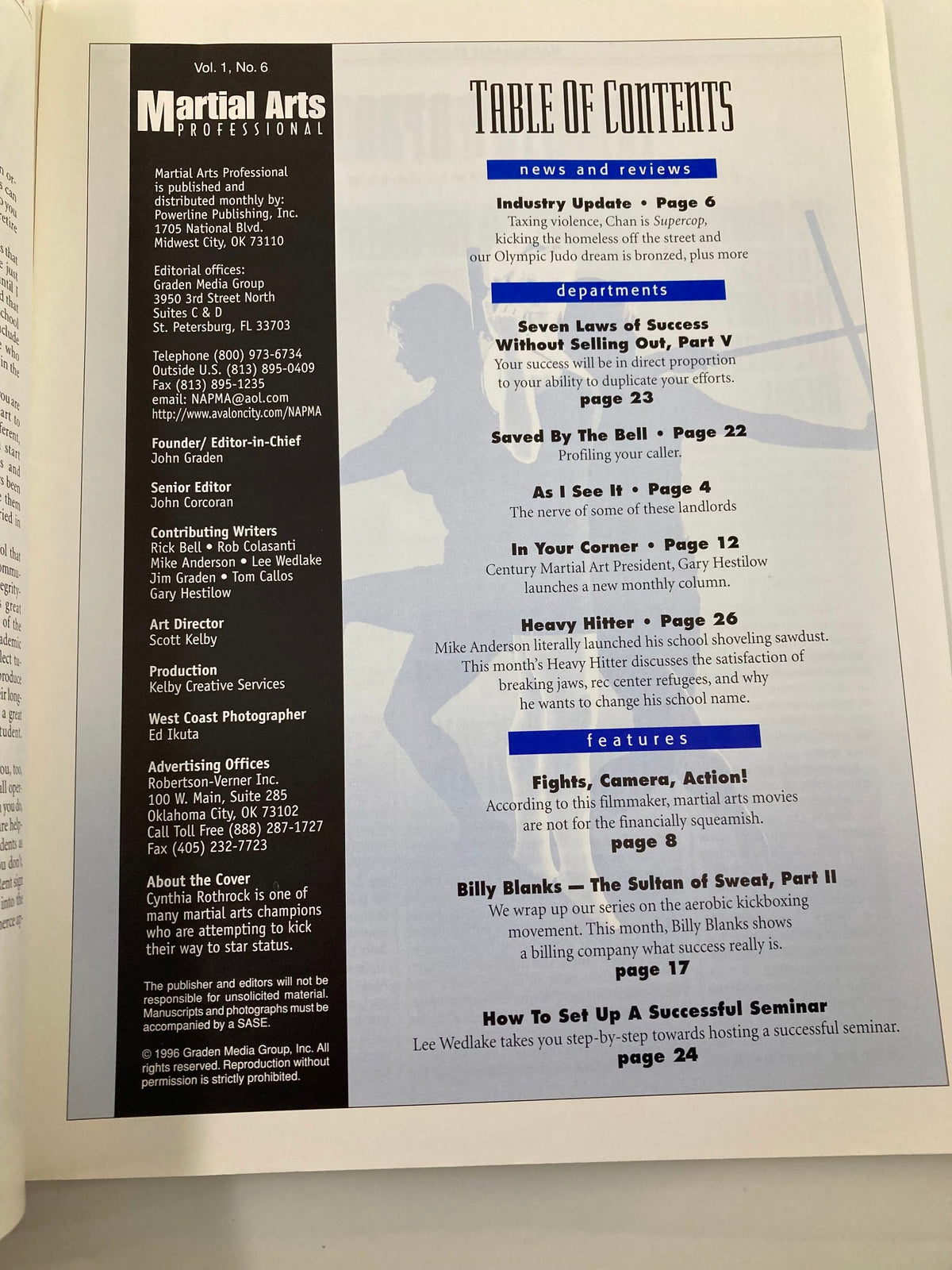 Table of Contents from Martial Arts Professional magazine, October 1996 issue, outlining articles and features related to martial arts culture and industry.