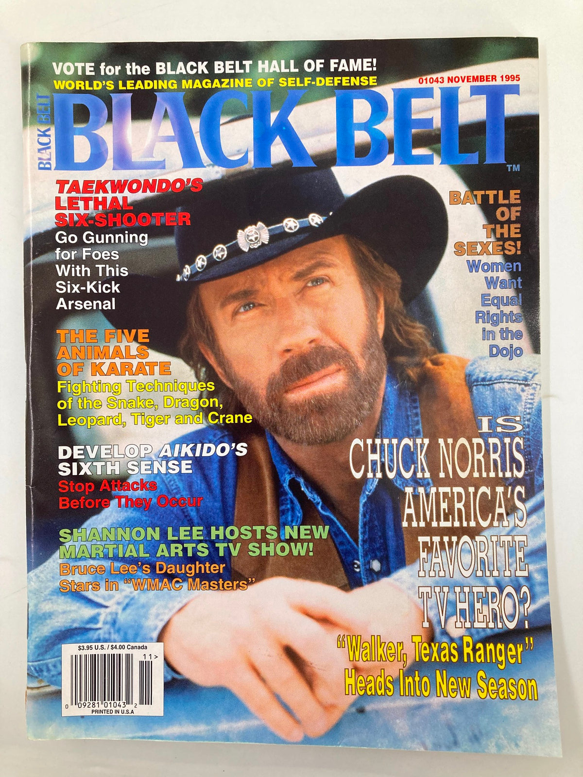 Cover of Black Belt Magazine November 1995 featuring Chuck Norris, highlighting articles on Taekwondo, Aikido, and the upcoming season of Walker Texas Ranger. Collectible vintage magazine focused on martial arts and self-defense.