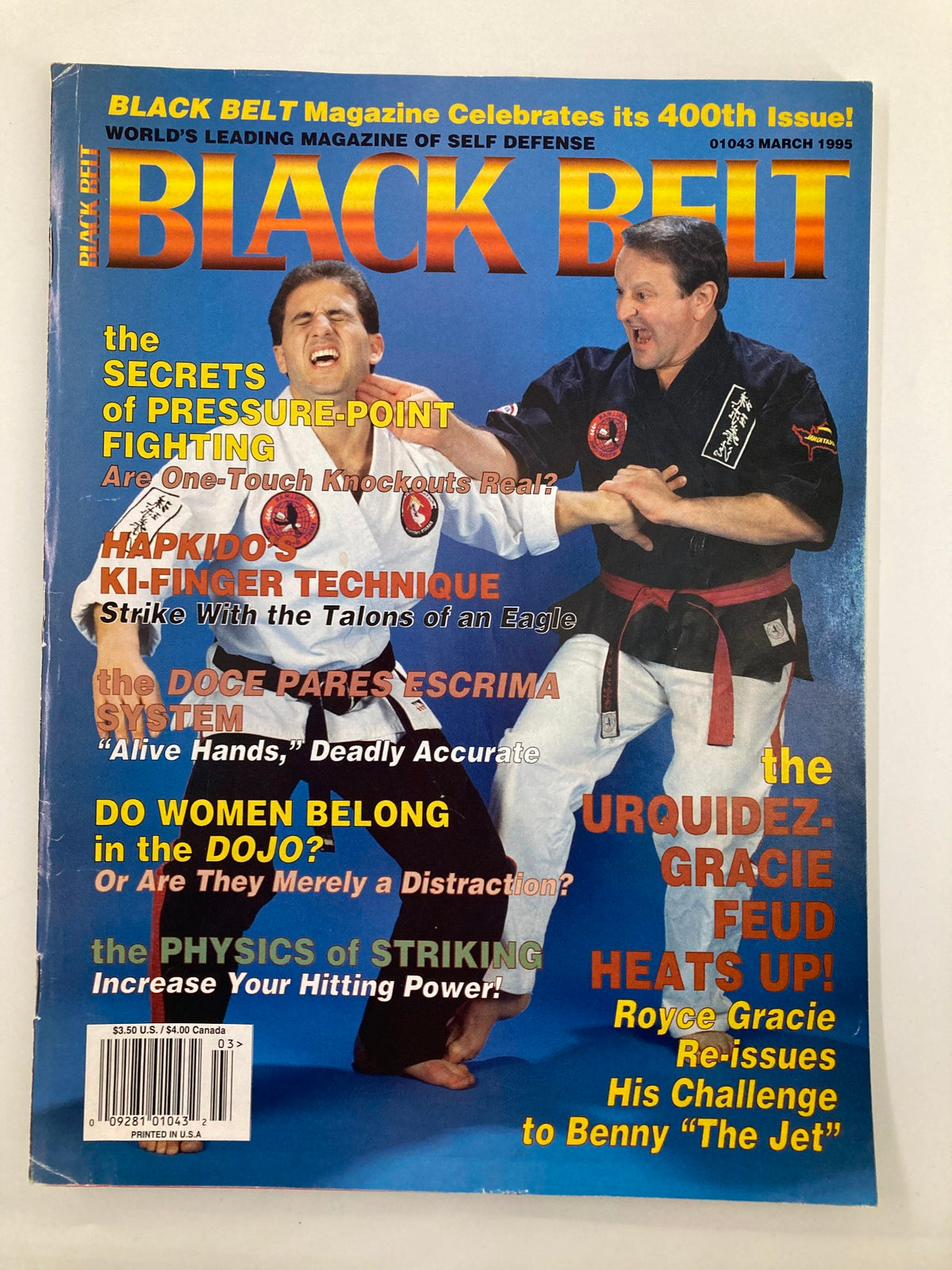 Cover of Black Belt Magazine March 1995 featuring the title prominently displayed, showcasing martial artists in action with bold headlines on techniques such as pressure-point fighting and hapkido, celebrating the magazine's 400th issue.