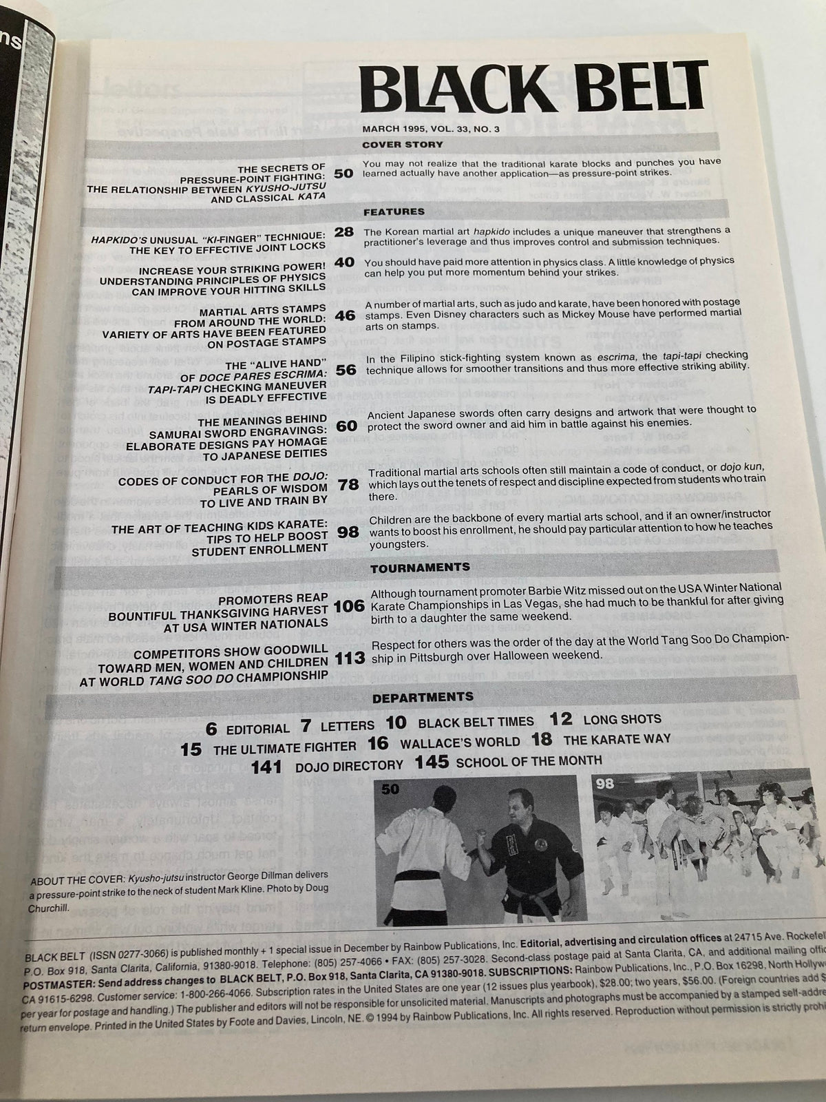 Black Belt Magazine March 1995 featuring a table of contents with articles on martial arts techniques, history, and training tips, showcasing contributions from George Dillman and Mark Kline.