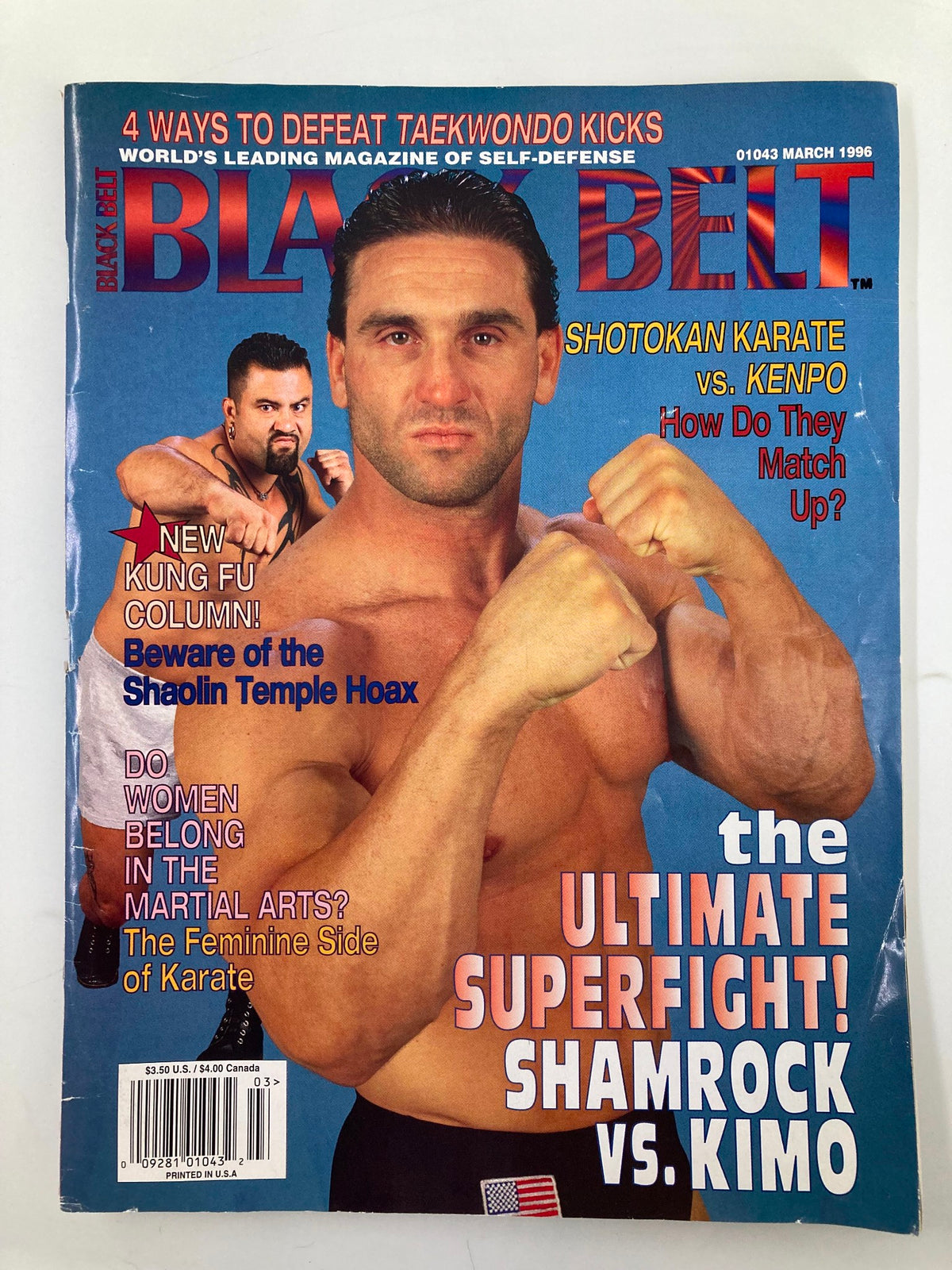 Cover of Black Belt Magazine March 1996 edition featuring Ken Shamrock and Kimo Leopoldo, highlighting the ultimate superfight with bold text and additional topics on karate and women's participation in martial arts.