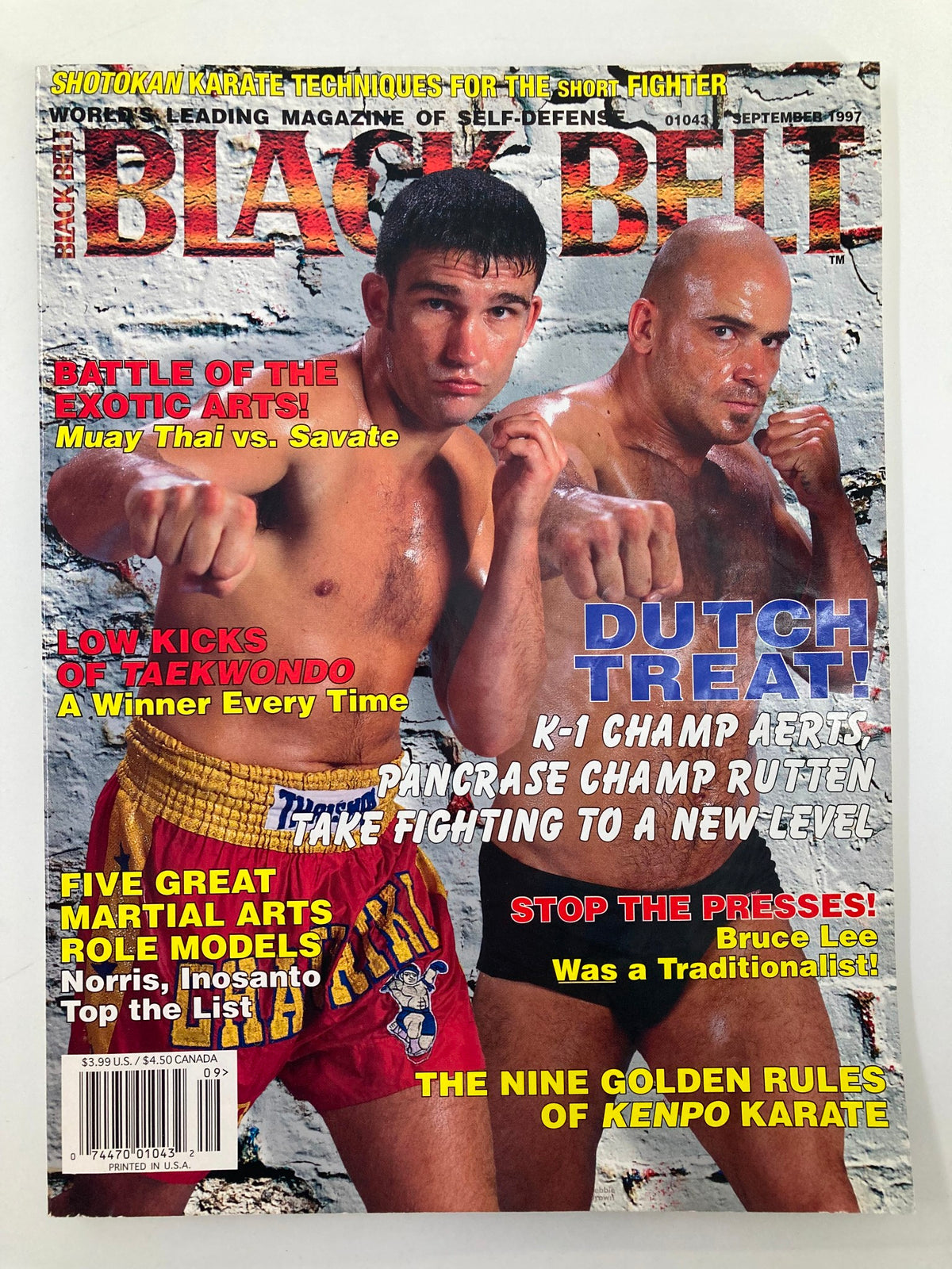 Cover of Black Belt Magazine September 1997 featuring Peter Aerts and Bas Rutten, highlighting martial arts topics such as Muay Thai vs. Savate and techniques for fighters.