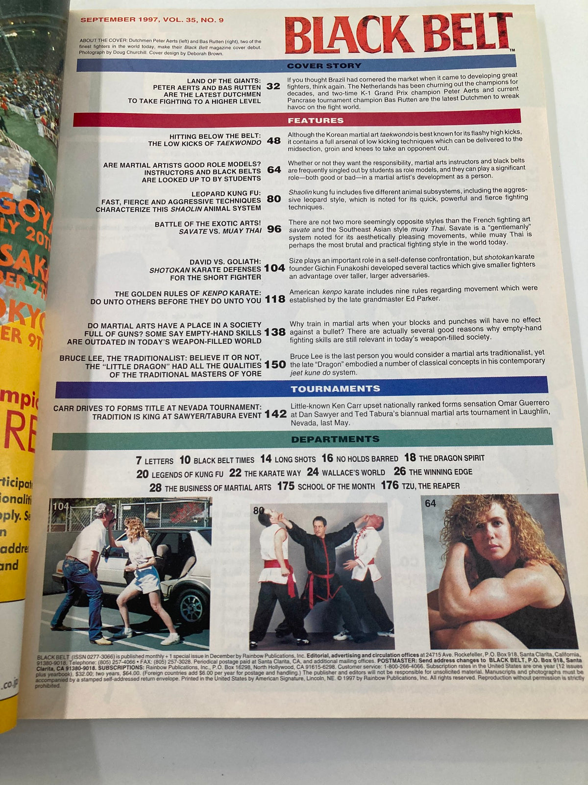 Contents page of Black Belt Magazine September 1997, listing articles and features including training tips, Shaolin Kung Fu techniques, and the significance of martial arts role models.