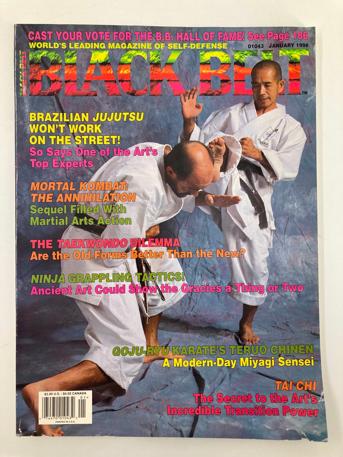 Cover of Black Belt Magazine January 1998 featuring Teruo Chinen from Goju-ryu Karate, with articles on martial arts techniques and training methods.