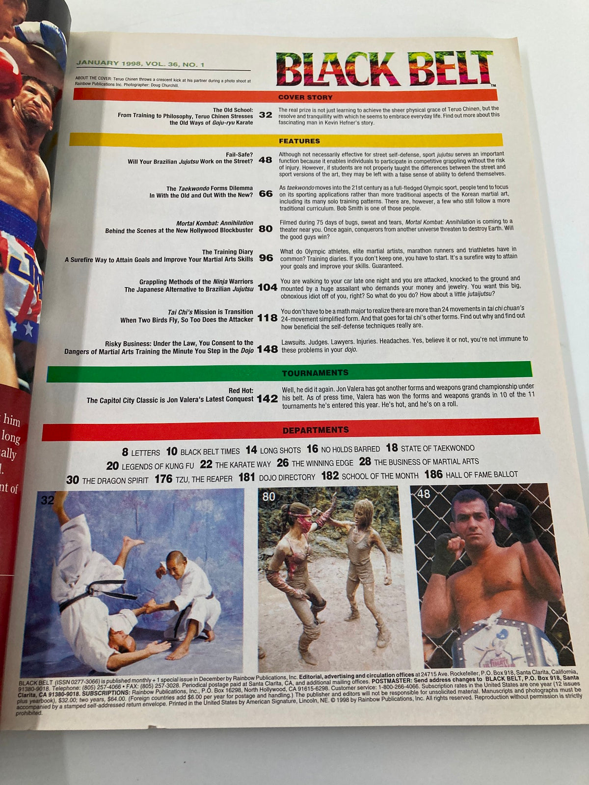 Inside page of Black Belt Magazine January 1998 showcasing features and articles on martial arts, including a focus on Goju-ryu Karate and Teruo Chinen.