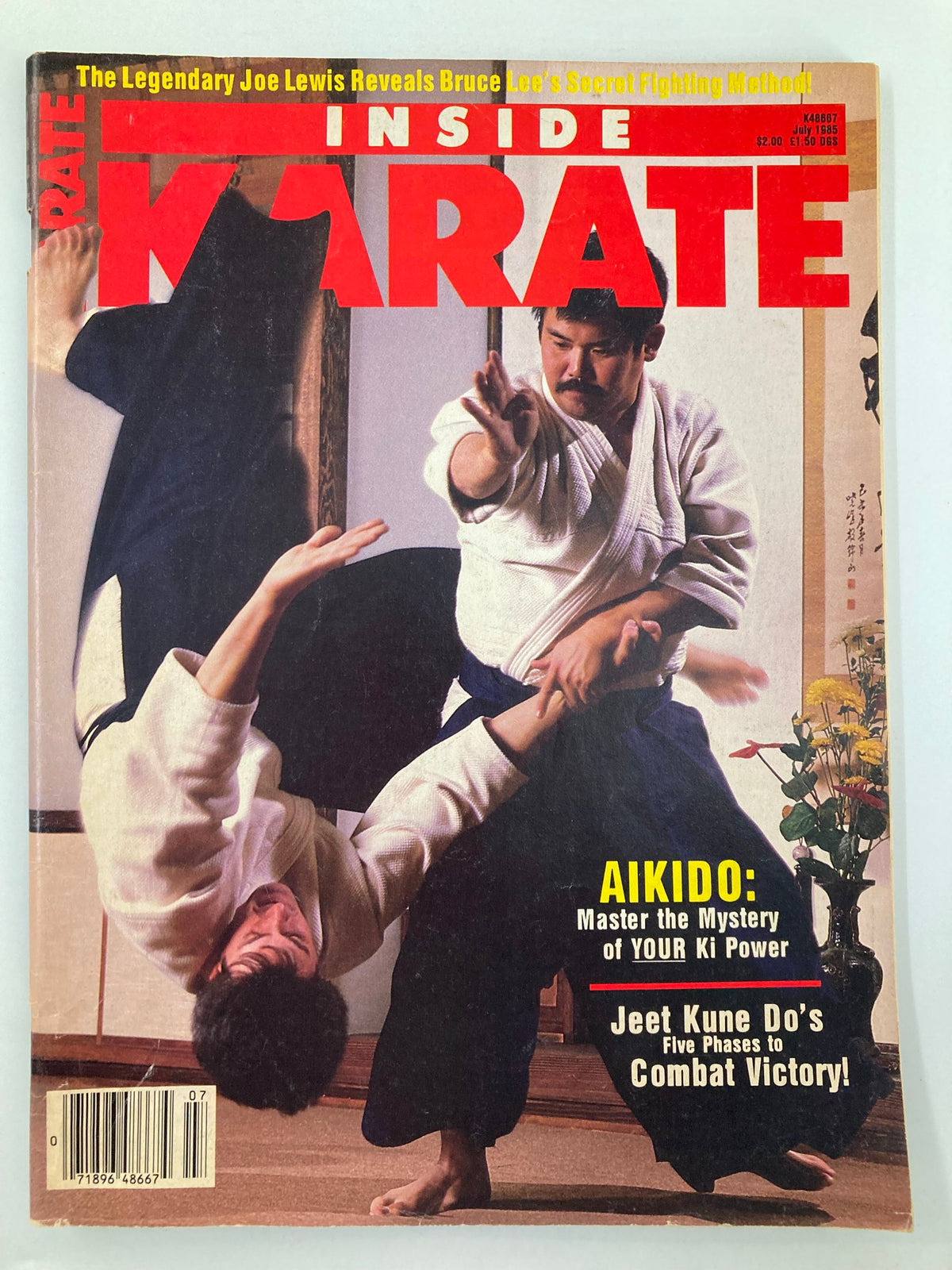 Cover of VTG Inside Karate Magazine July 1985 featuring Aikido techniques by Daniel Furuya. The magazine includes articles on mastering Ki power and Jeet Kune Do combat strategies, highlighting the martial arts culture of the 1980s.