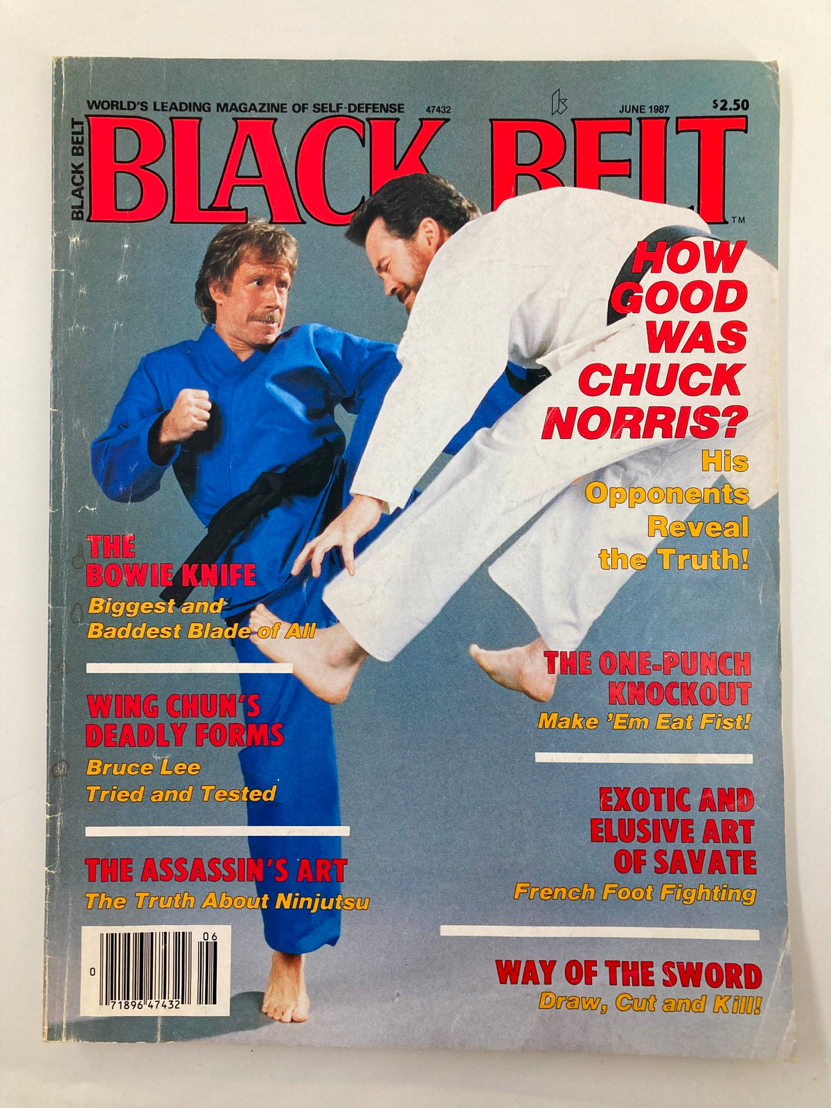 VTG Black Belt Magazine June 1987 cover featuring Chuck Norris in a blue martial arts uniform demonstrating a technique, highlighting the article on The Bowie Knife.