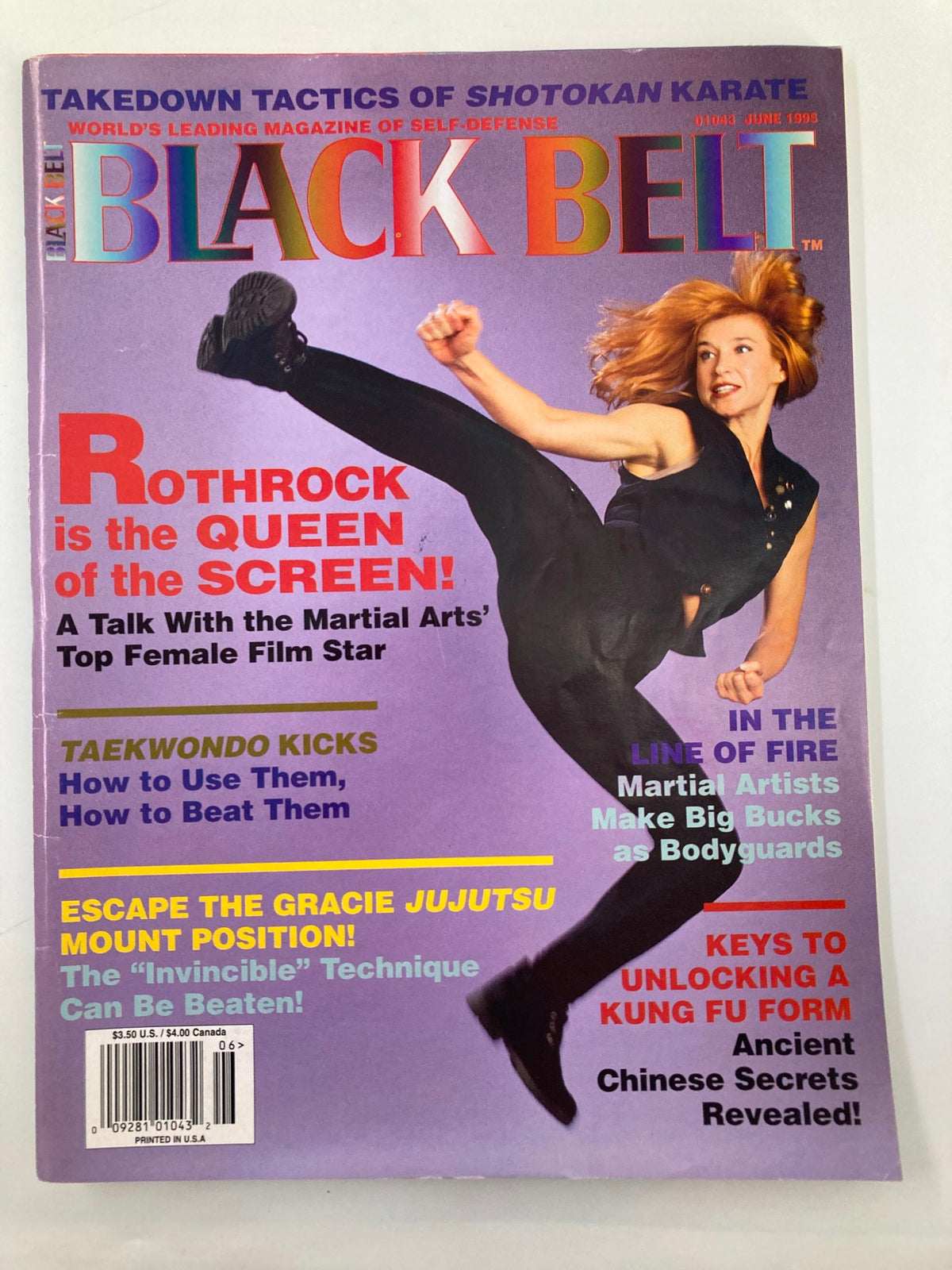 Cover of Black Belt Magazine June 1995 featuring Cynthia Rothrock performing a high kick in Hong Kong, titled 'Black Belt'. The magazine showcases martial arts culture with colorful text and highlights Cynthia Rothrock as the top female film star.