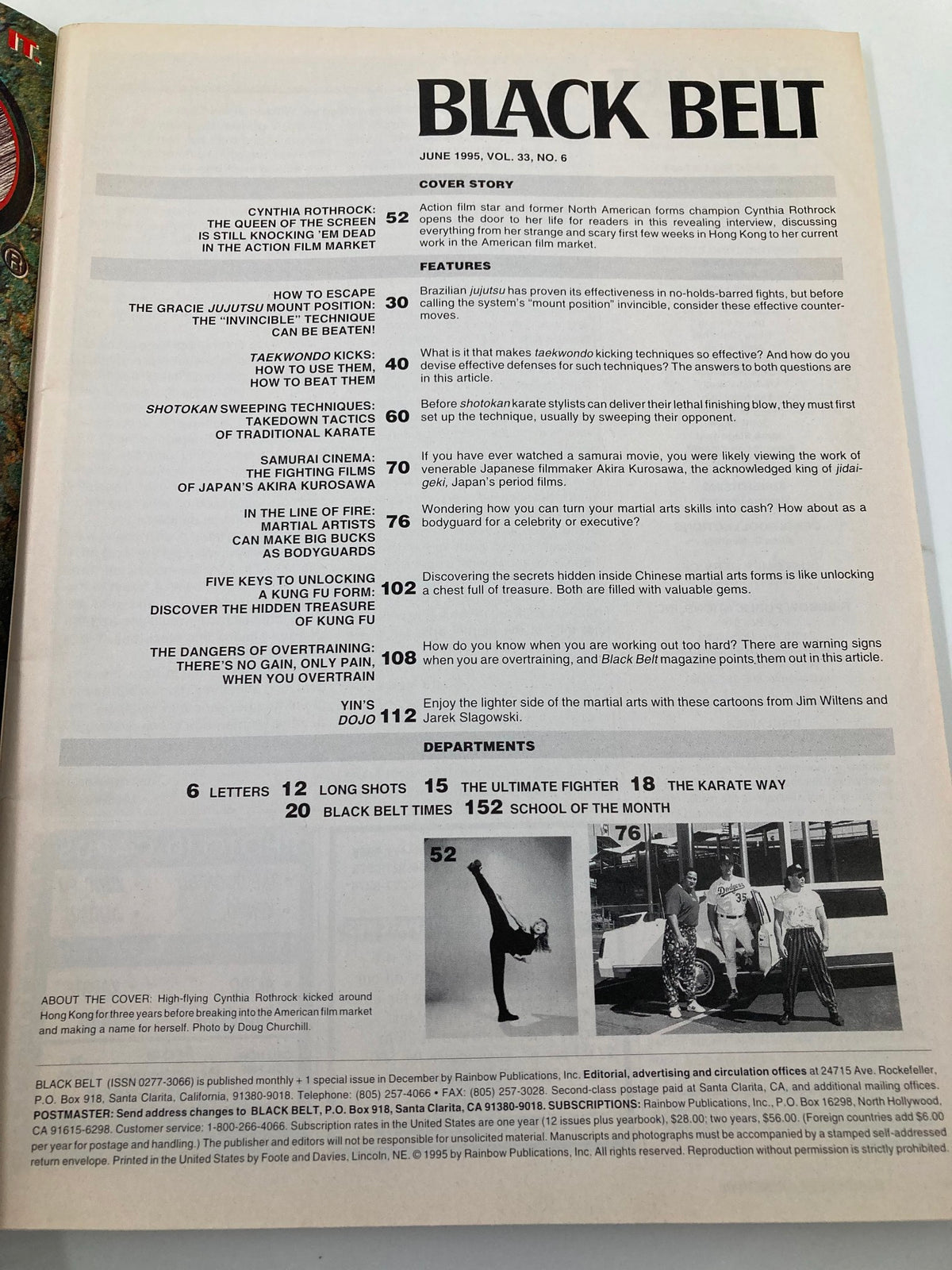 Inside page of Black Belt Magazine June 1995 displaying the contents section, featuring articles on martial arts techniques, including Cynthia Rothrock and other prominent martial artists, titled 'Black Belt'.