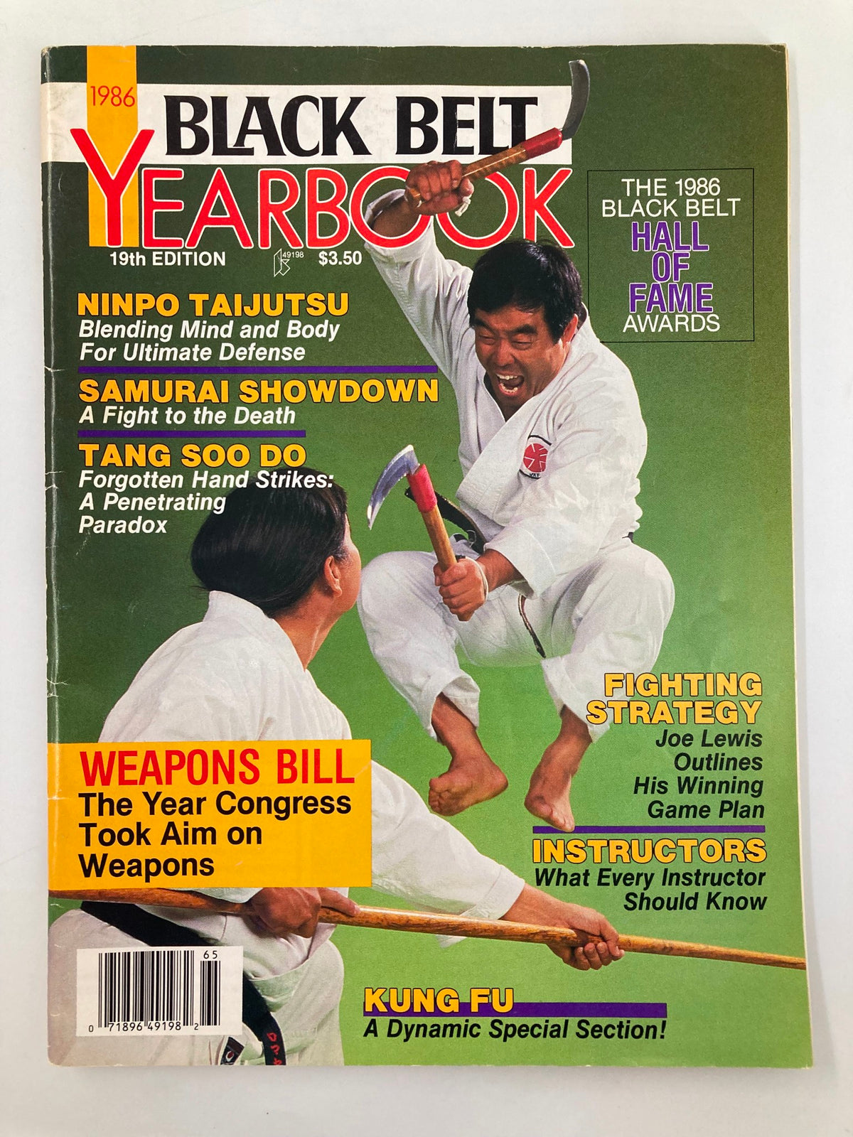 Cover of the Black Belt Yearbook 1986 featuring martial arts content and articles on fighting strategy, with a colorful layout highlighting key features like weapon techniques and profiles of martial artists.