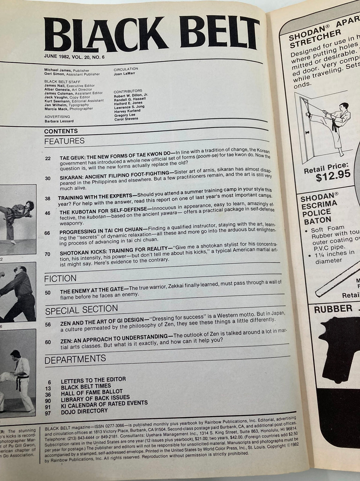 VTG Black Belt Magazine June 1982 showcasing contents and features related to Tae Geuk forms of Tae Kwon Do.