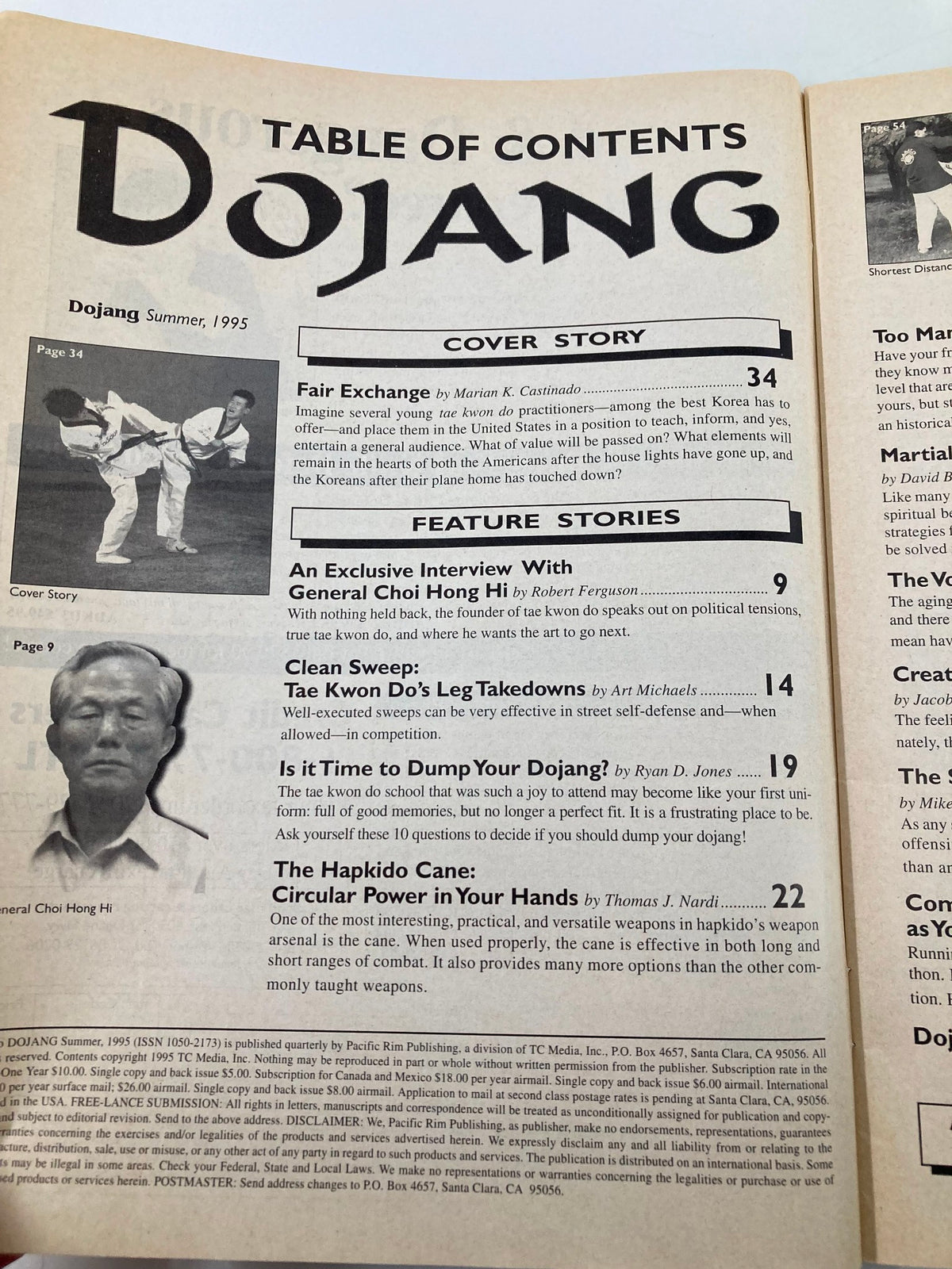 Table of contents from Dojang Magazine Summer 1995, showcasing articles including an exclusive interview with General Choi Hong Hi, and discussions on taekwondo techniques.