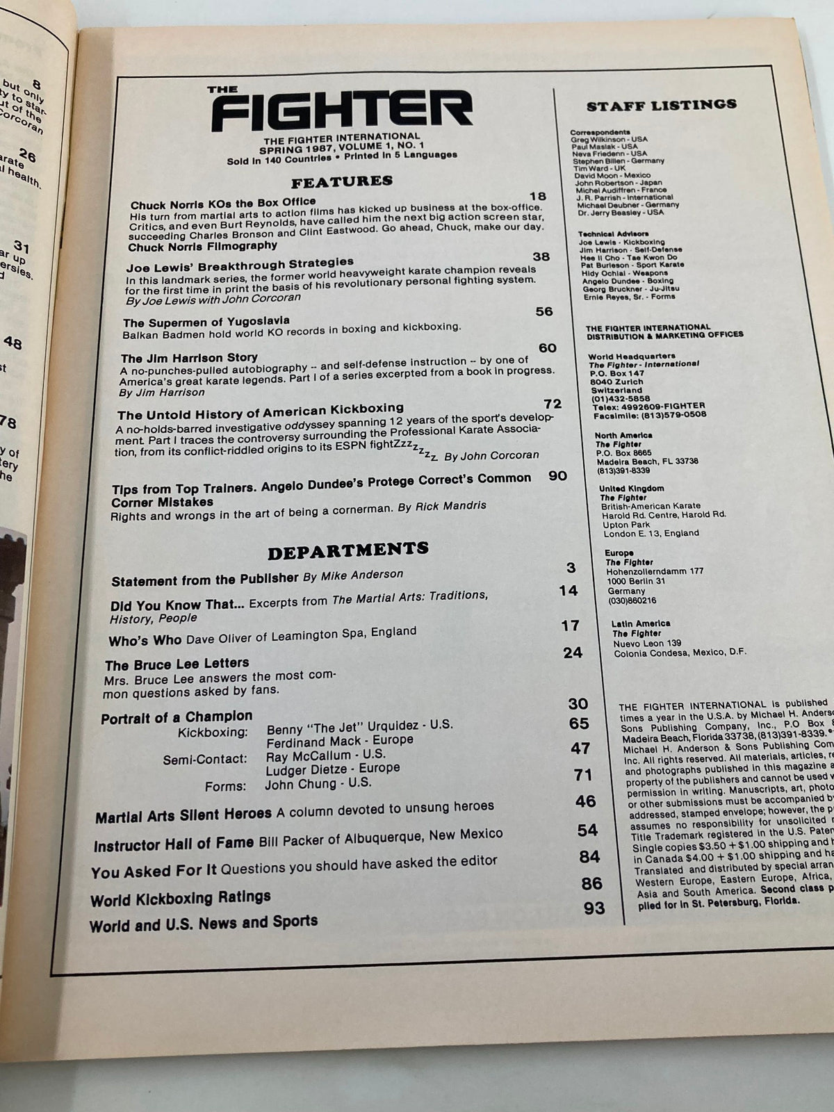 Inside page of VTG The Fighter Magazine Spring 1987, showcasing features article titles and staff listings, highlighting martial arts training, history, and notable figures.