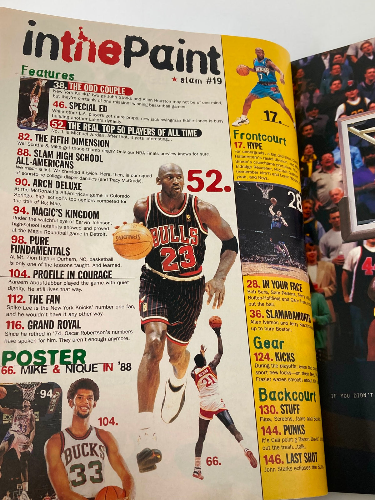 Inside page of Slam Magazine August 1997 issue #19 displaying articles including 'The Real Top 50 Players of All Time' featuring Michael Jordan.