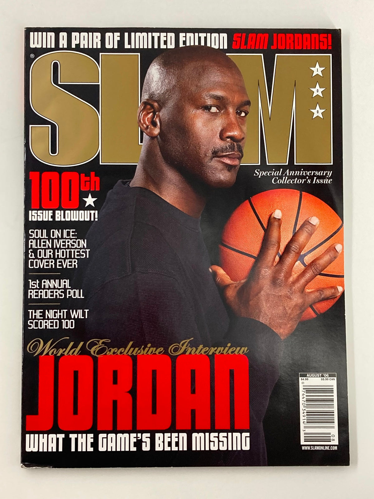 Slam Magazine August 2006 #100 featuring Michael Jordan on the cover, highlighting his legacy in basketball with a basketball in hand.