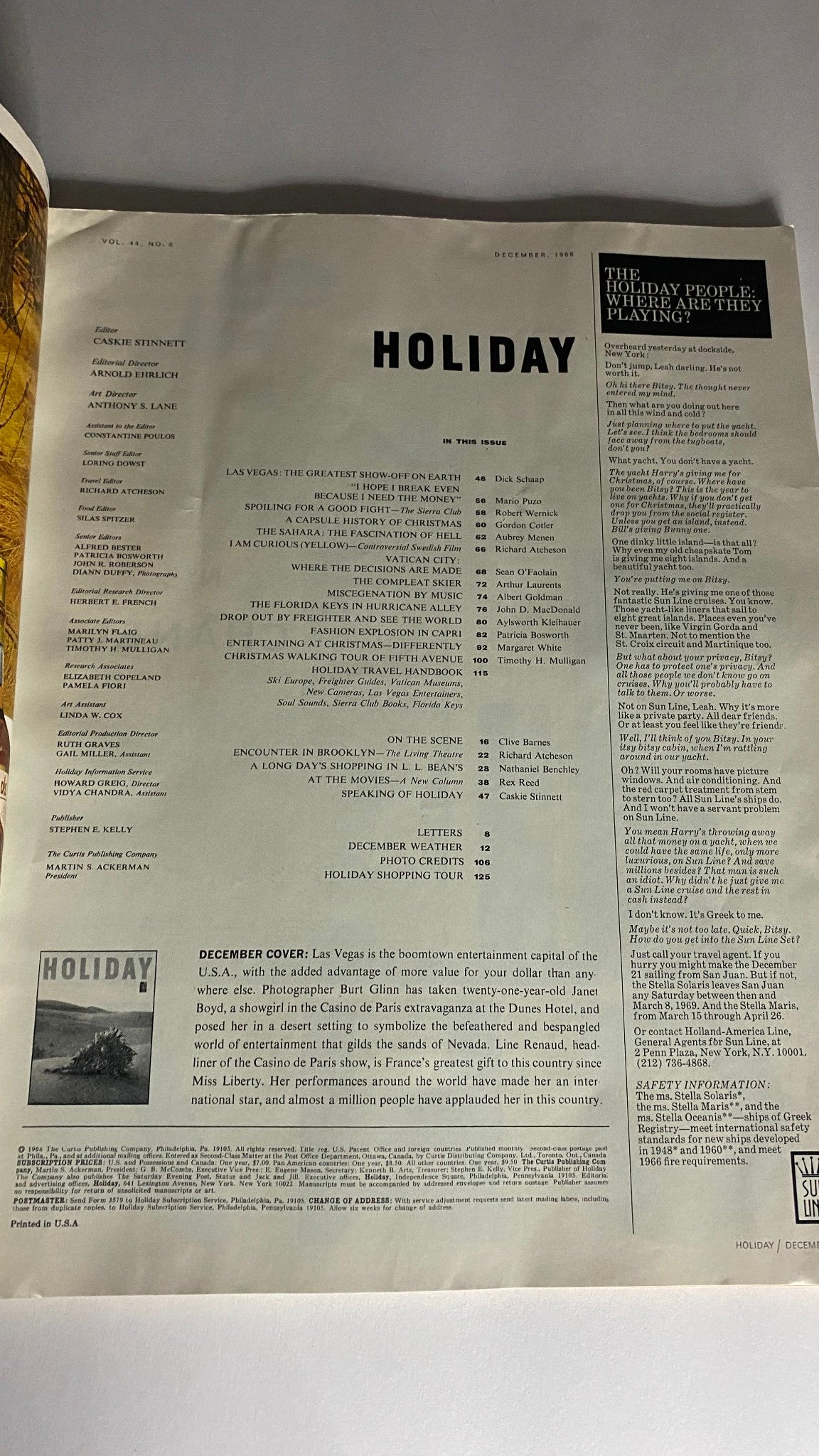 Inside spread of VTG Holiday Magazine December 1968, Volume 44, Number 6 featuring articles and editorial credits related to Las Vegas entertainment.