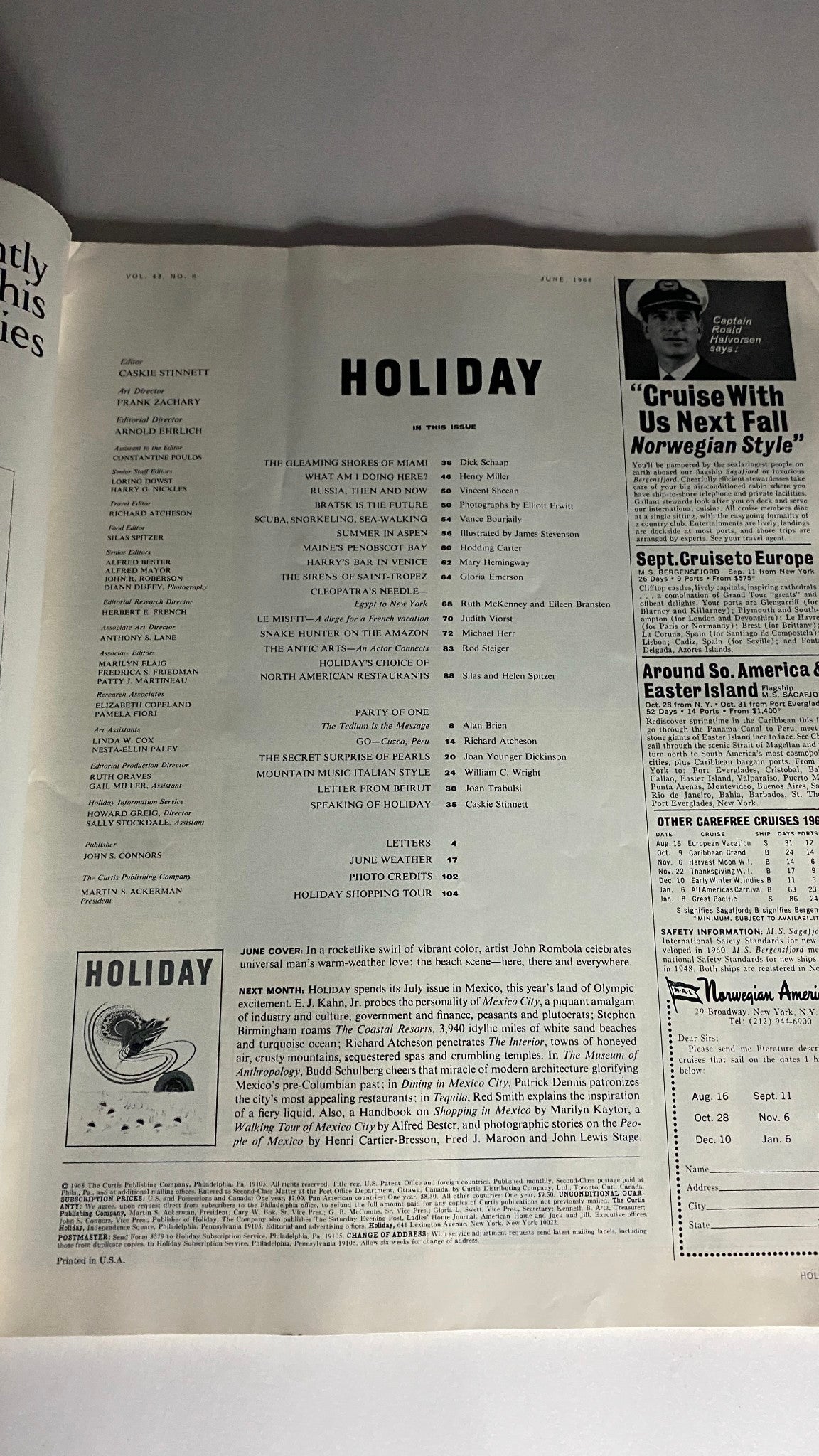 Interior page of VTG Holiday Magazine June 1968, showcasing the table of contents and details of articles including 'Warm-Weather Love' by John Rombola.