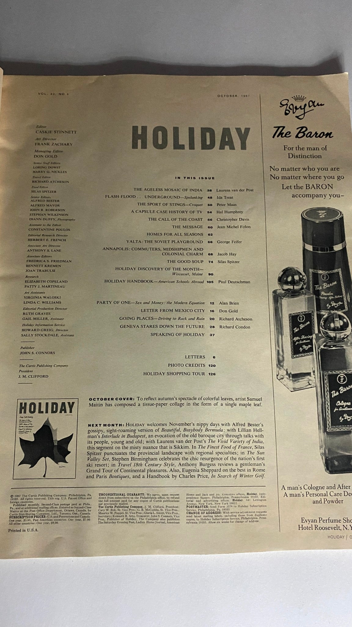 Contents page of the VTG Holiday Magazine October 1967, detailing various articles and features including 'The Ageless Mosaic of India' and 'Holiday Discovery of the Month'.