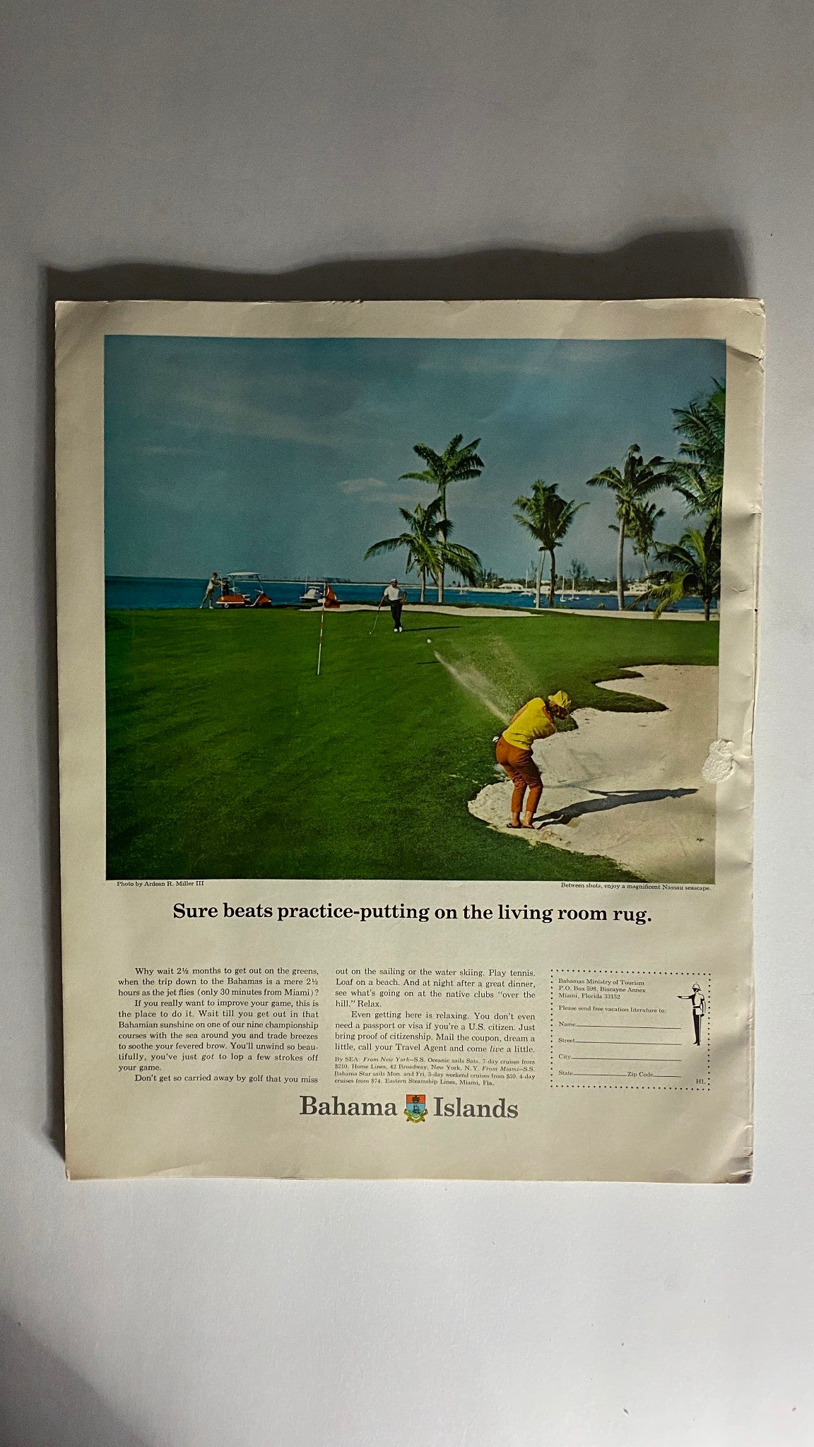 Ad featuring golf in the Bahamas, from March 1967 issue of VTG Holiday Magazine, promoting relaxation and tourism.
