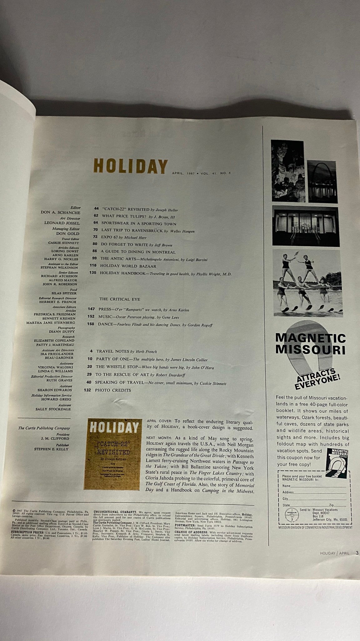 Table of contents from VTG Holiday Magazine April 1967, Vol 41 No. 4, outlining articles including 'Catch-22' Revisited and travel features.