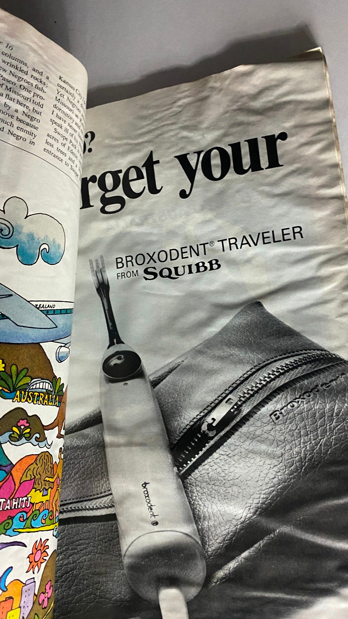 Interior page of the VTG Holiday Magazine June 1967 displaying a vintage advertisement for Broxodent Traveler from Squibb alongside colorful tourism graphics.