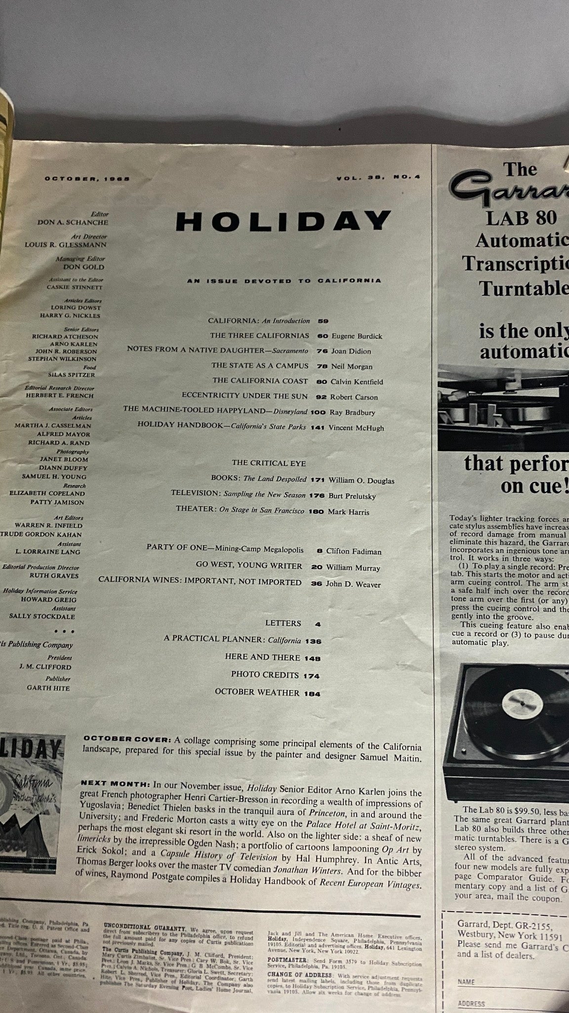 Interior page from VTG Holiday Magazine October 1965 showcasing the table of contents, illustrating the variety of articles related to California travel and culture.