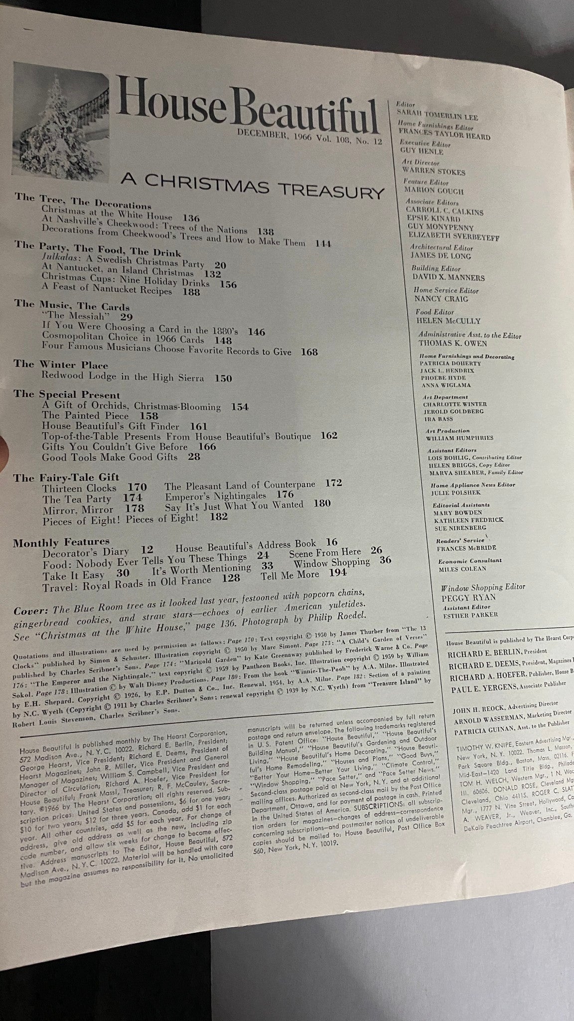 Inside page of the VTG House Beautiful Magazine December 1966 displaying the table of contents for 'A Christmas Treasury'.