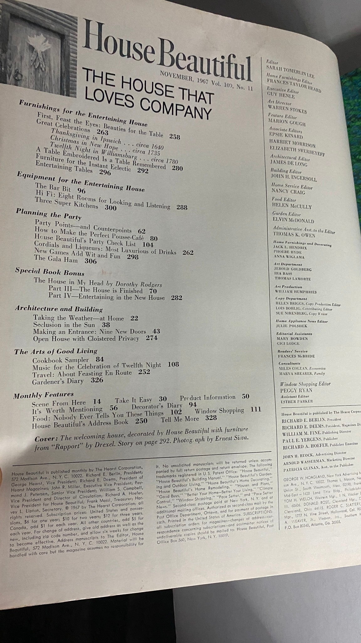 Table of contents page from VTG House Beautiful Magazine November 1967, listing articles related to entertaining and home decor.
