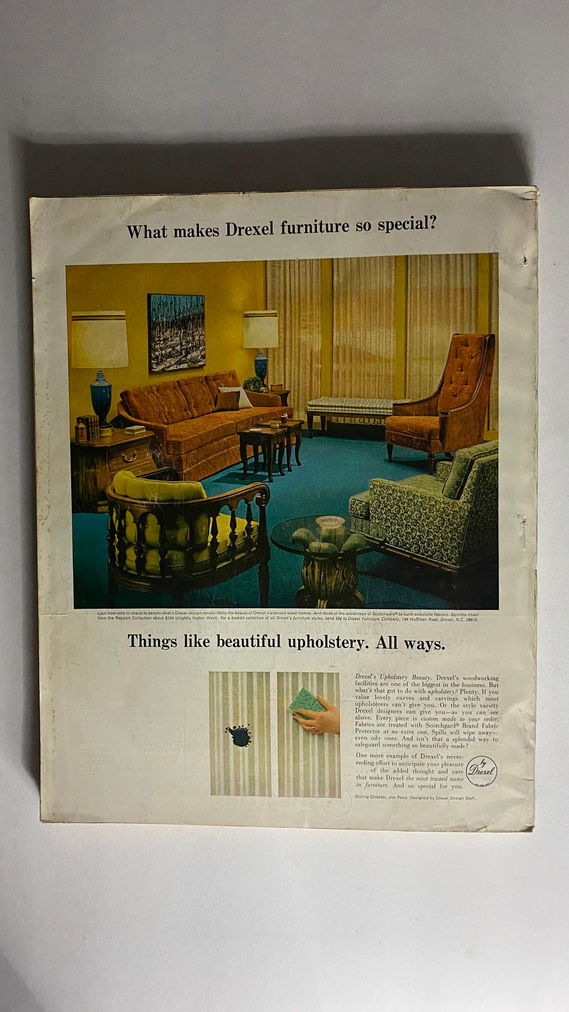 Advertisement page in VTG House Beautiful Magazine November 1967 showcasing Drexel furniture styles and upholstery, emphasizing quality and design.