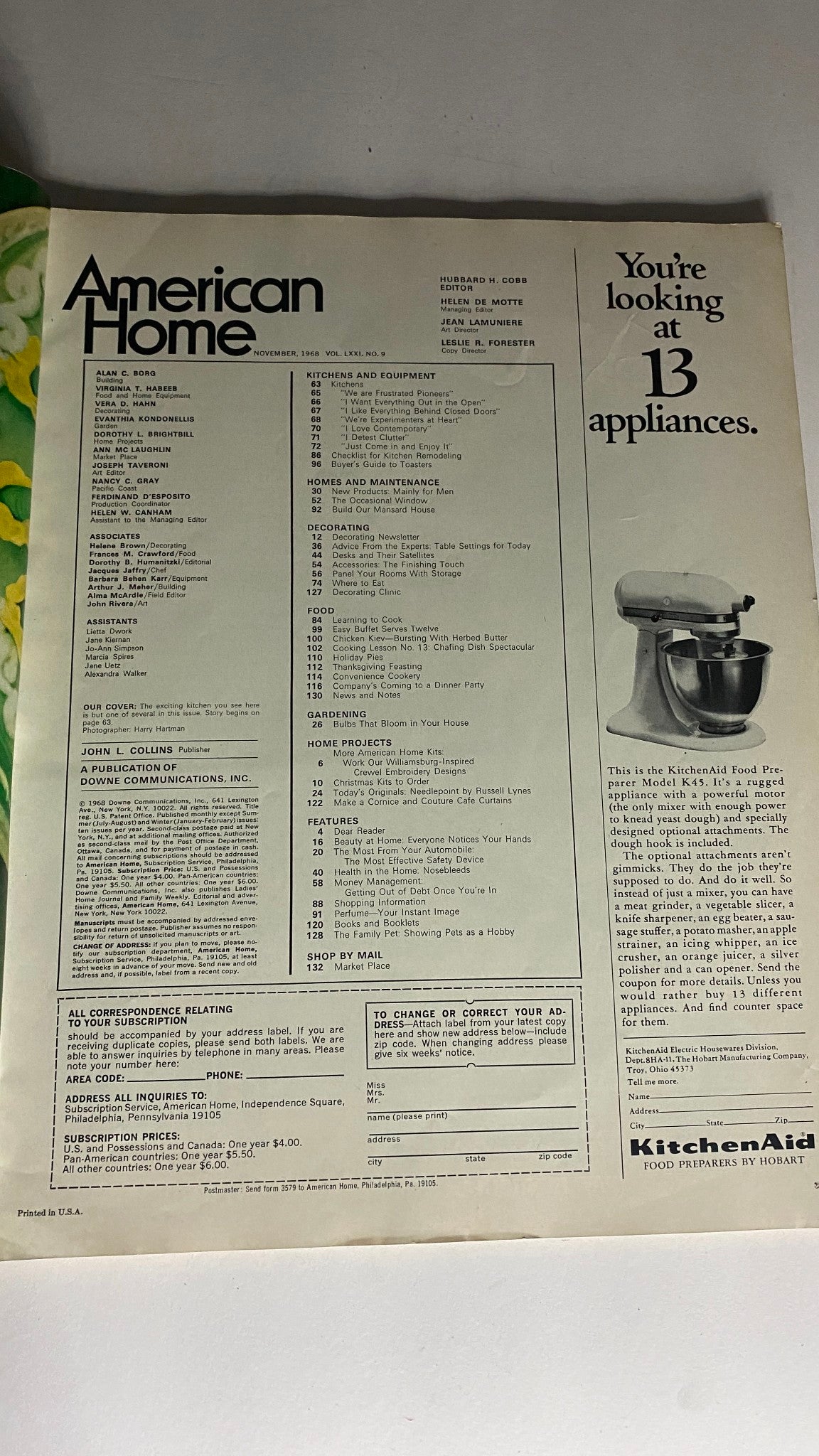 Inside page of VTG American Home Magazine from November 1968 featuring the table of contents and a KitchenAid appliance advertisement, highlighting kitchen appliances and home projects.
