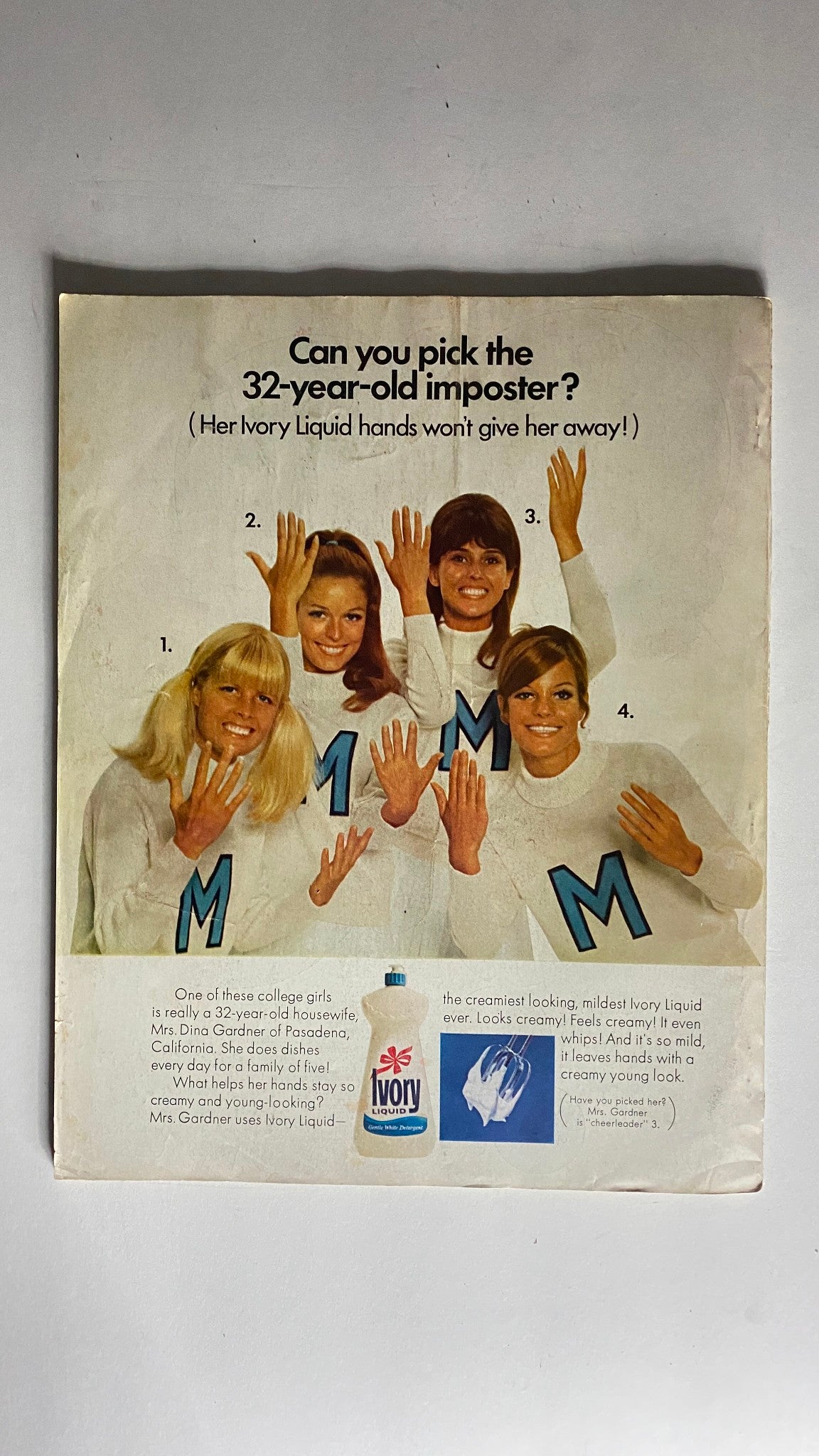 VTG American Home Magazine November 1968 showcasing a vintage Ivory Liquid advertisement featuring four women promoting the product, asking viewers to pick the 32-year-old imposter. The image reflects 1960s style and marketing tactics.
