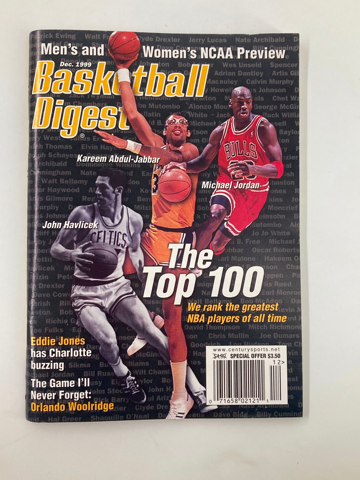 Basketball Digest Magazine December 1999 featuring Michael Jordan and Kareem Abdul-Jabbar on the cover, highlighting the top 100 NBA players of all time.